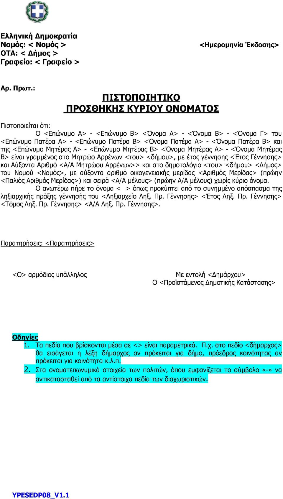 Β> και της <Επώνυµο Μητέρας Α> - <Επώνυµο Μητέρας Β> <Όνοµα Μητέρας Α> - <Όνοµα Μητέρας Β> είναι γραµµένος στο Μητρώο Αρρένων <του> <δήµου>, µε έτος γέννησης <Έτος Γέννησης> και Αύξοντα Αριθµό <Α/Α