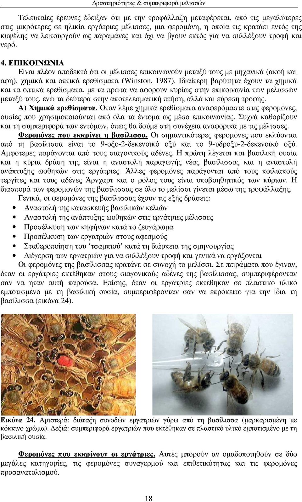 ΕΠΙΚΟΙΝΩΝΙΑ Είναι πλέον αποδεκτό ότι οι µέλισσες επικοινωνούν µεταξύ τους µε µηχανικά (ακοή και αφή), χηµικά και οπτικά ερεθίσµατα (Winston, 1987).