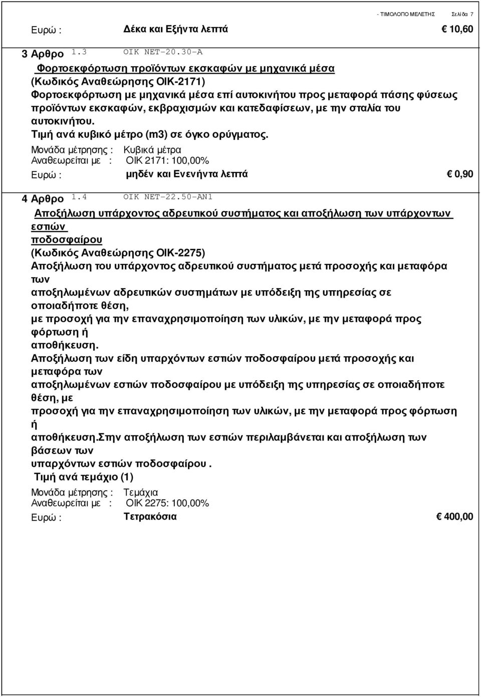 εκβραχισµών και κατεδαφίσεων, µε την σταλία του αυτοκινήτου. Τιµή ανά κυβικό µέτρο (m3) σε όγκο ορύγµατος.