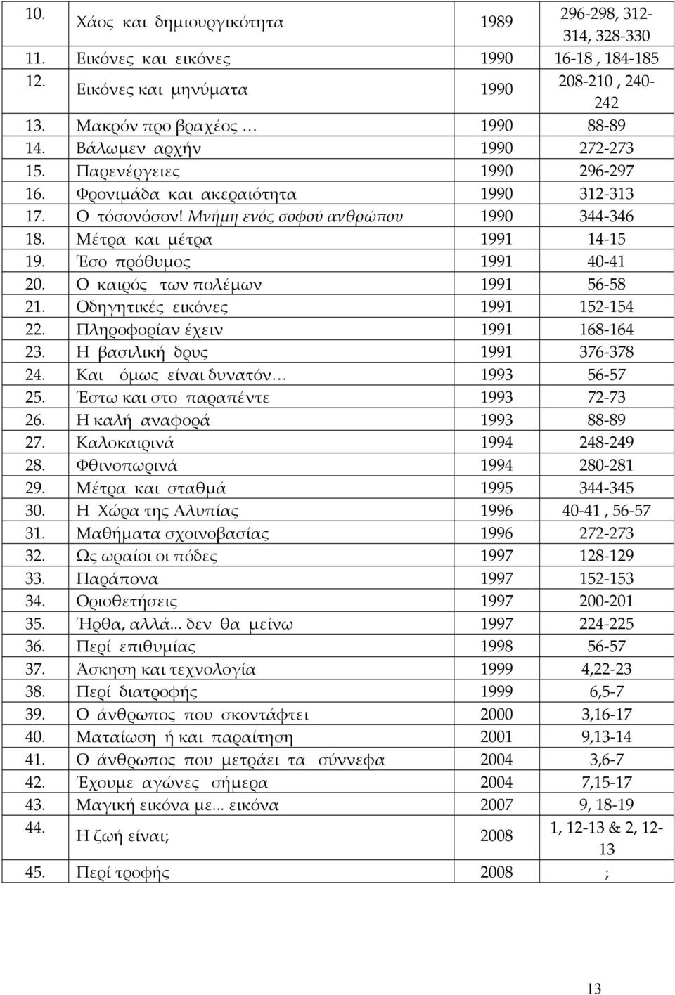 Έσο πρόθυμος 1991 40-41 20. Ο καιρός των πολέμων 1991 56-58 21. Οδηγητικές εικόνες 1991 152-154 22. Πληροφορίαν έχειν 1991 168-164 23. Η βασιλική δρυς 1991 376-378 24.