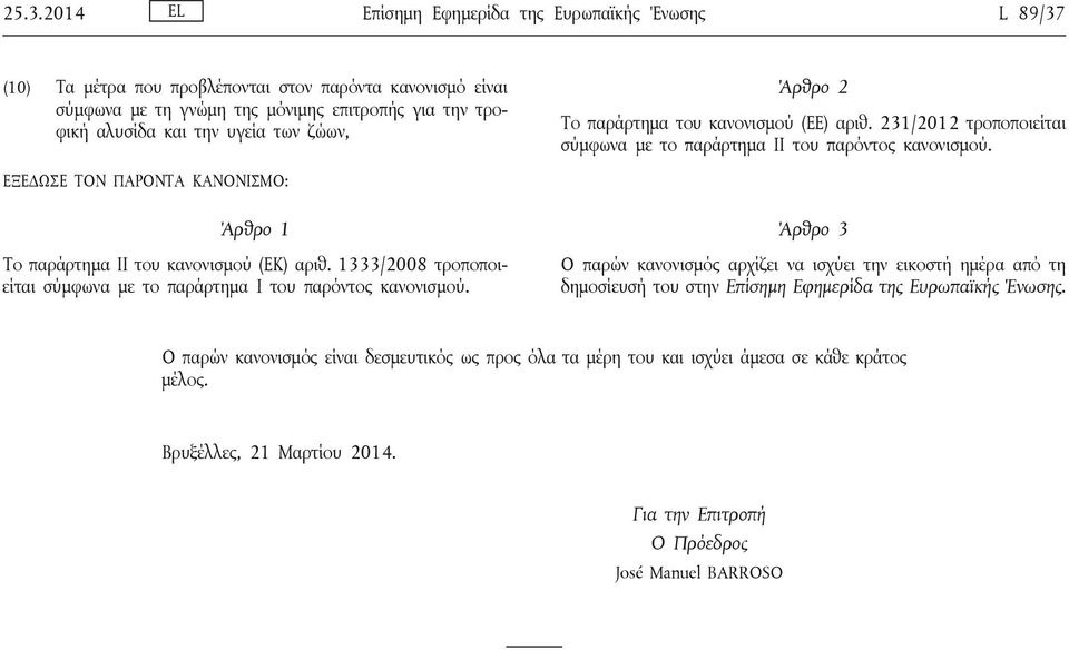 ΕΞΕΔΩΣΕ ΤΟΝ ΠΑΡΟΝΤΑ ΚΑΝΟΝΙΣΜΟ: Άρθρο 1 Το παράρτημα II του κανονισμού (ΕΚ) αριθ. 1333/2008 τροποποιείται σύμφωνα με το παράρτημα I του παρόντος κανονισμού.