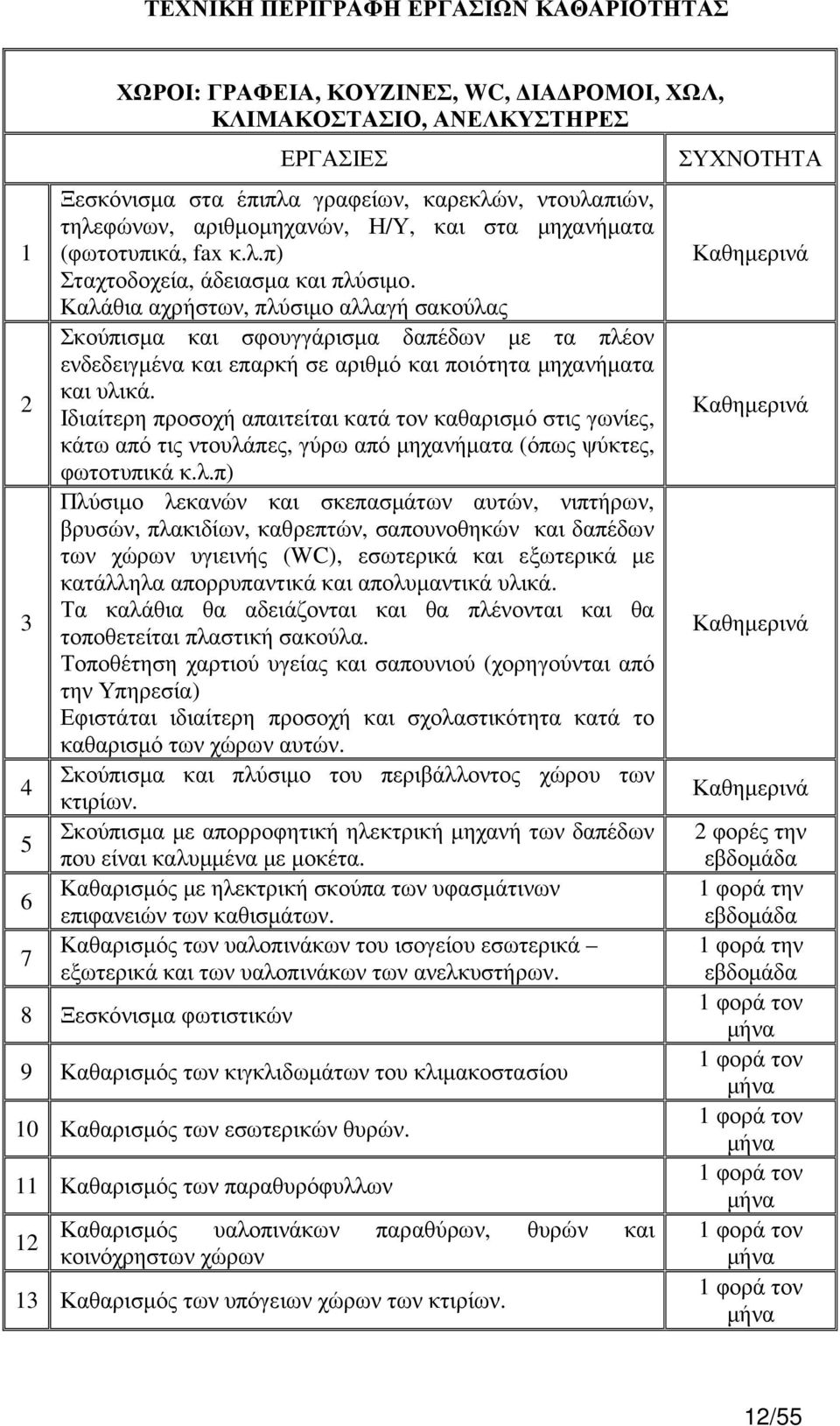 Καλάθια αχρήστων, πλύσιµο αλλαγή σακούλας Σκούπισµα και σφουγγάρισµα δαπέδων µε τα πλέον ενδεδειγµένα και επαρκή σε αριθµό και ποιότητα µηχανήµατα και υλικά.