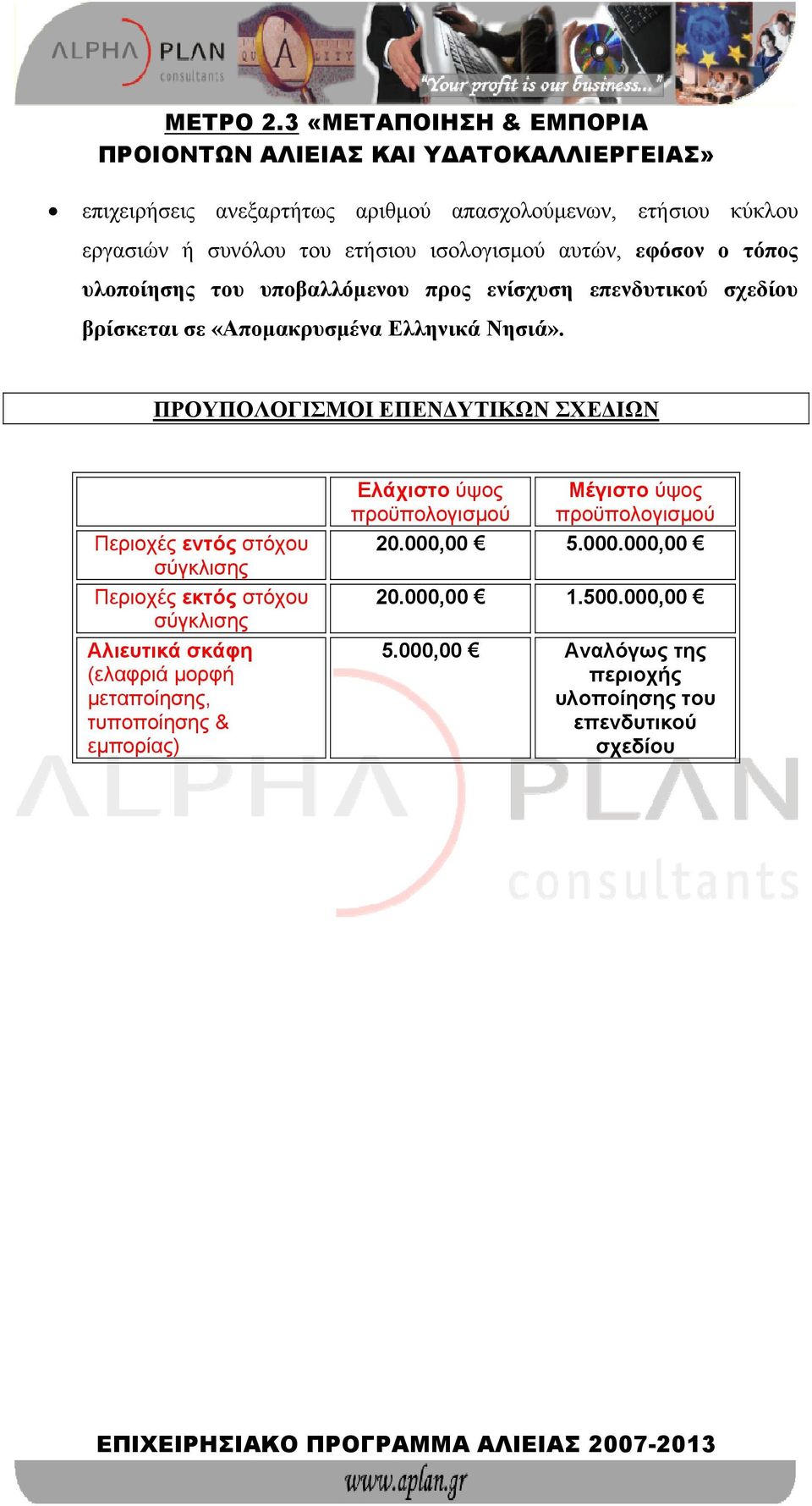 ΠΡΟΥΠΟΛΟΓΙΣΜΟΙ ΕΠΕΝΔΥΤΙΚΩΝ ΣΧΕΔΙΩΝ Περιοχές εντός στόχου σύγκλισης Περιοχές εκτός στόχου σύγκλισης Αλιευτικά σκάφη (ελαφριά μορφή μεταποίησης,