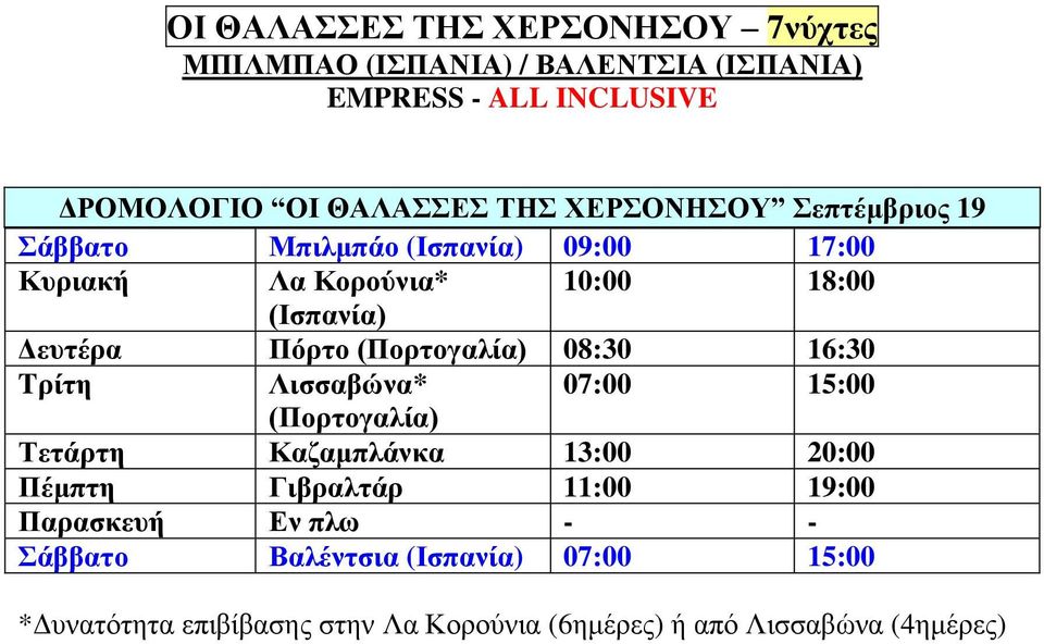 (Πορτογαλία) 08:30 16:30 Tρίτη Λισσαβώνα* 07:00 15:00 (Πορτογαλία) Τετάρτη Καζαμπλάνκα 13:00 20:00 Πέμπτη Γιβραλτάρ 11:00 19:00