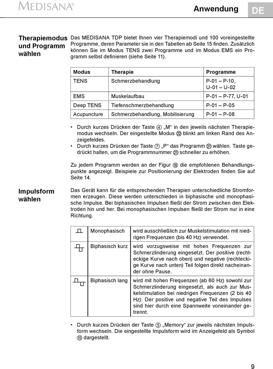 Modus Therapie Programme TENS Schmerz behandlung P-01 P-10, U-01 U-02 EMS Muskelaufbau P-01 P-77, U-01 Deep TENS Tiefenschmerz behandlung P-01 P-05 Acupuncture Schmerzbehandlung, Mobilisierung P-01
