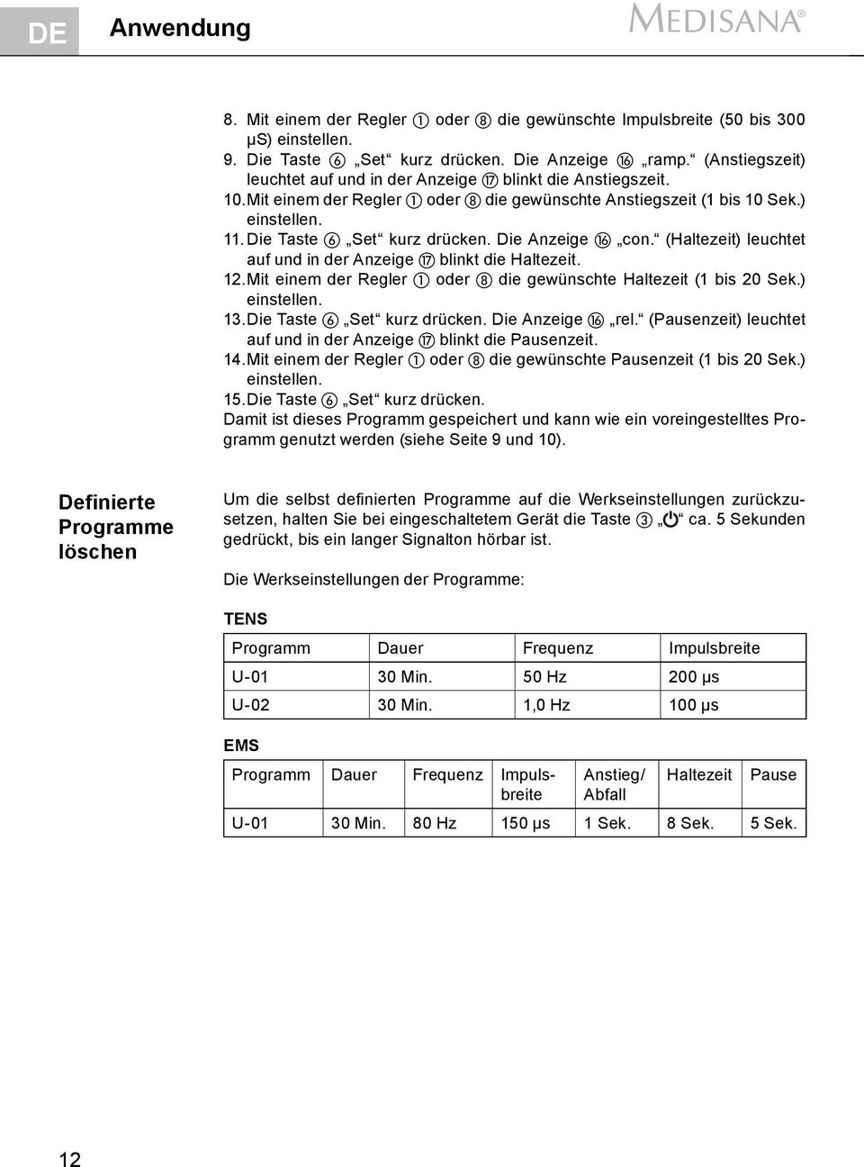 Die Anzeige con. (Haltezeit) leuchtet auf und in der Anzeige blinkt die Haltezeit. 12. Mit einem der Regler oder die gewünschte Haltezeit (1 bis 20 Sek.) einstellen. 13. Die Taste Set kurz drücken.