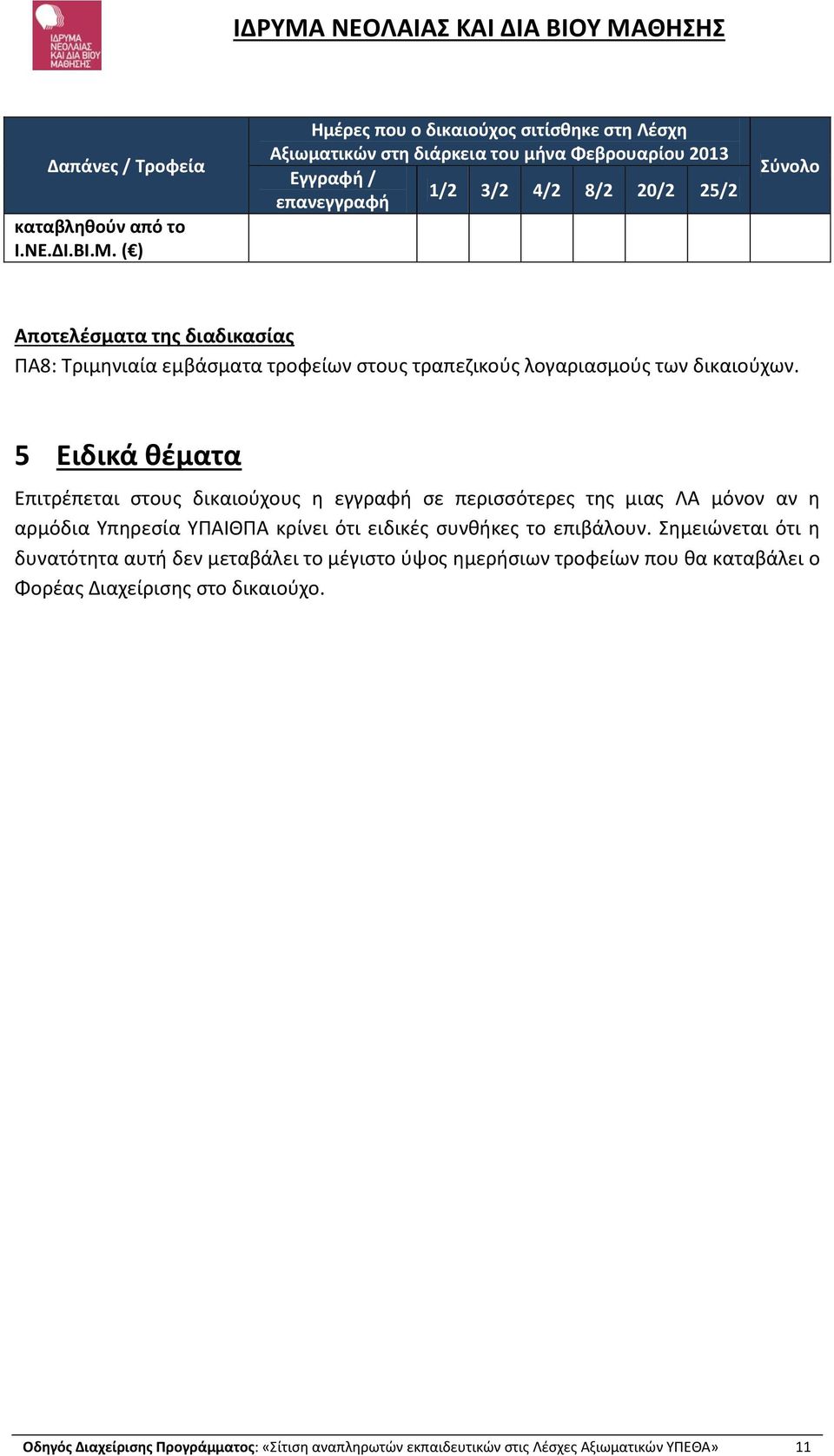 διαδικασίας ΠΑ8: Τριμηνιαία εμβάσματα τροφείων στους τραπεζικούς λογαριασμούς των δικαιούχων.