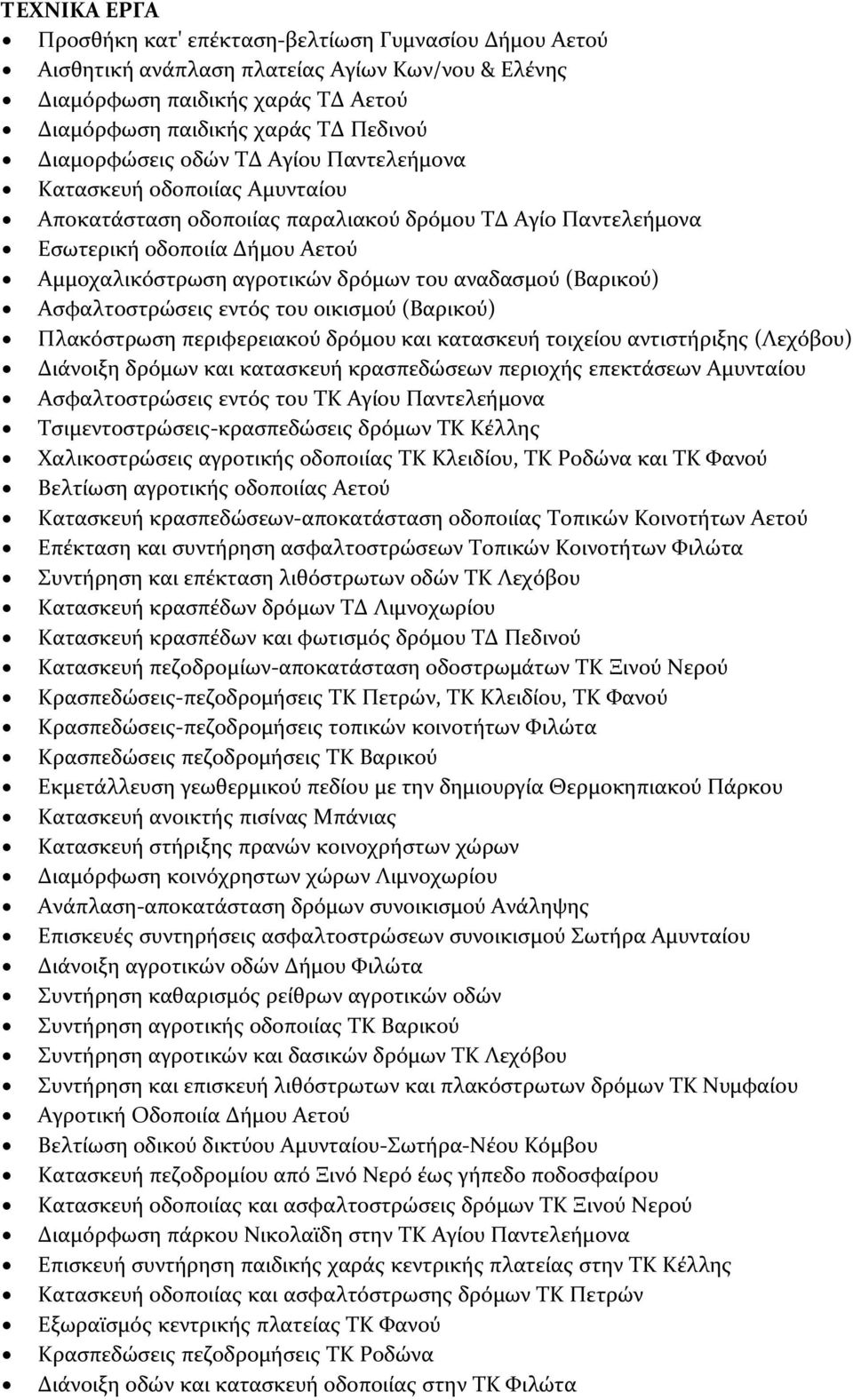 του αναδασμού (Βαρικού) Ασφαλτοστρώσεις εντός του οικισμού (Βαρικού) Πλακόστρωση περιφερειακού δρόμου και κατασκευή τοιχείου αντιστήριξης (Λεχόβου) Διάνοιξη δρόμων και κατασκευή κρασπεδώσεων περιοχής