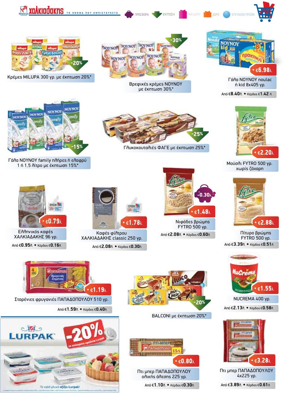 Ελληνικός καφές ΧΑΛΚΙΑ ΑΚΗΣ 96 γρ. Από 0.95λ. Κέρδος 0.16λ. Καφές φίλτρου ΧΑΛΚΙΑ ΑΚΗΣ classic 250 γρ. Από 2.08λ. Κέρδος 0.30λ. 1.48λ. Νιφάδες βρώµης FYTRO 500 γρ. 1.78λ. 2.88λ. Από 2.08λ. Κέρδος 0.60λ.