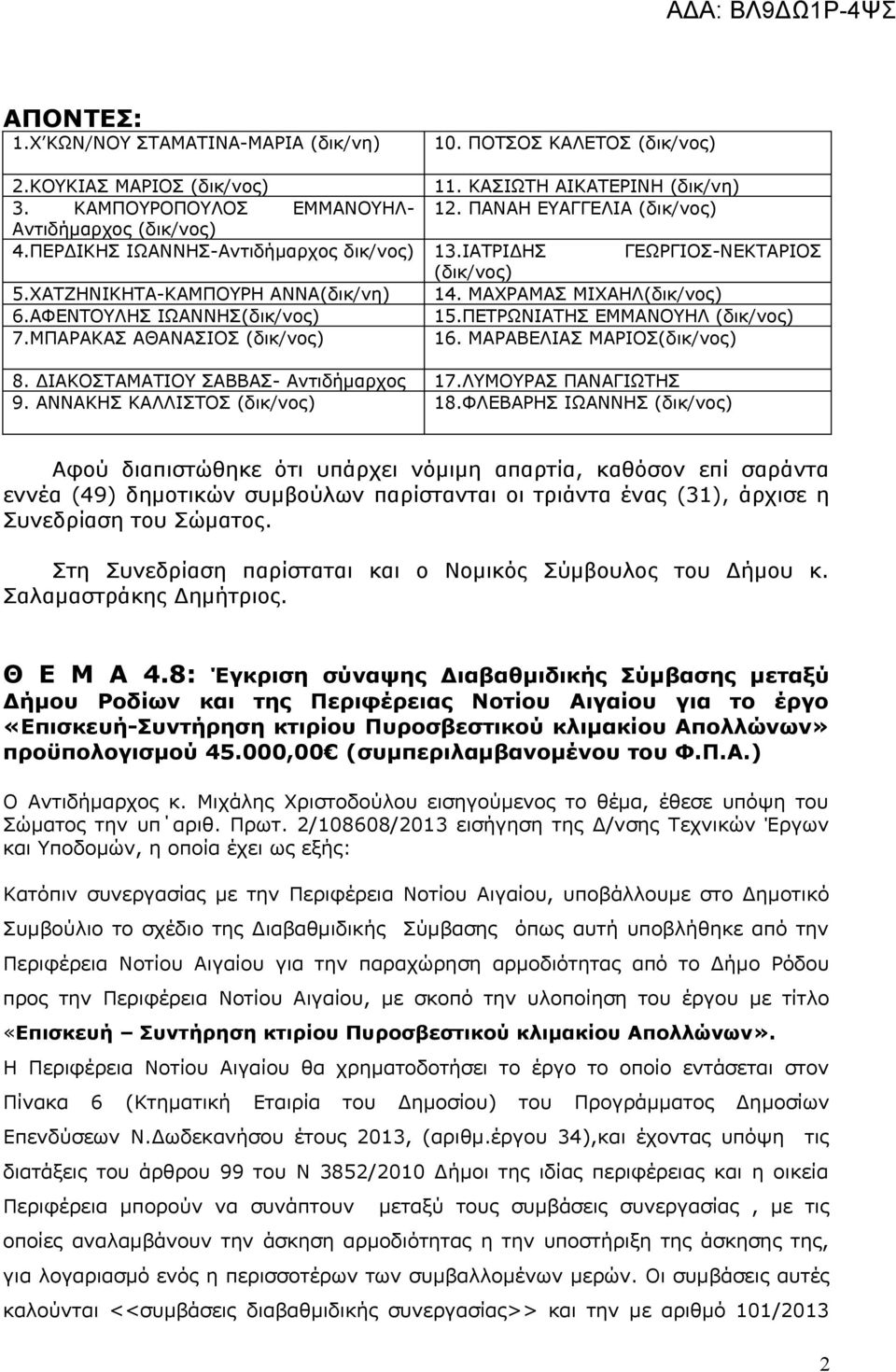 ΑΦΕΝΤΟΥΛΗΣ ΙΩΑΝΝΗΣ(δικ/νος) 15.ΠΕΤΡΩΝΙΑΤΗΣ ΕΜΜΑΝΟΥΗΛ (δικ/νος) 7.ΜΠΑΡΑΚΑΣ ΑΘΑΝΑΣΙΟΣ (δικ/νος) 16. ΜΑΡΑΒΕΛΙΑΣ ΜΑΡΙΟΣ(δικ/νος) 8. ΔΙΑΚΟΣΤΑΜΑΤΙΟΥ ΣΑΒΒΑΣ- Αντιδήμαρχος 17.ΛΥΜΟΥΡΑΣ ΠΑΝΑΓΙΩΤΗΣ 9.