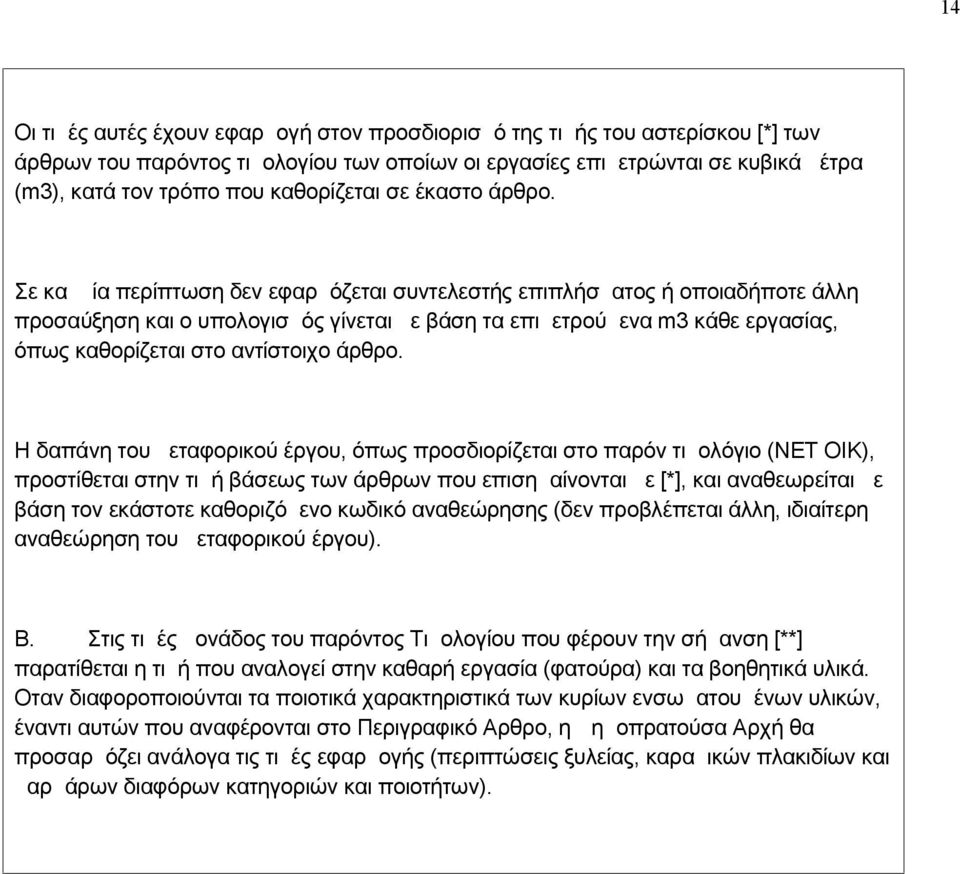 Σε καμμία περίπτωση δεν εφαρμόζεται συντελεστής επιπλήσματος ή οποιαδήποτε άλλη προσαύξηση και ο υπολογισμός γίνεται με βάση τα επιμετρούμενα m3 κάθε εργασίας, όπως καθορίζεται στο αντίστοιχο άρθρο.