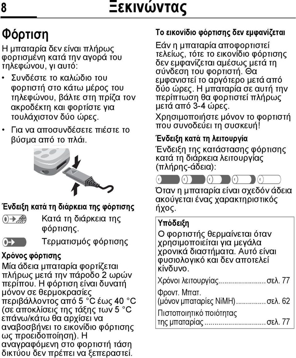 e Τερµατισµός φόρτισης Χρόνος φόρτισης Μία άδεια µπαταρία φορτίζεται πλήρως µετά την πάροδο 2 ωρών περίπου.