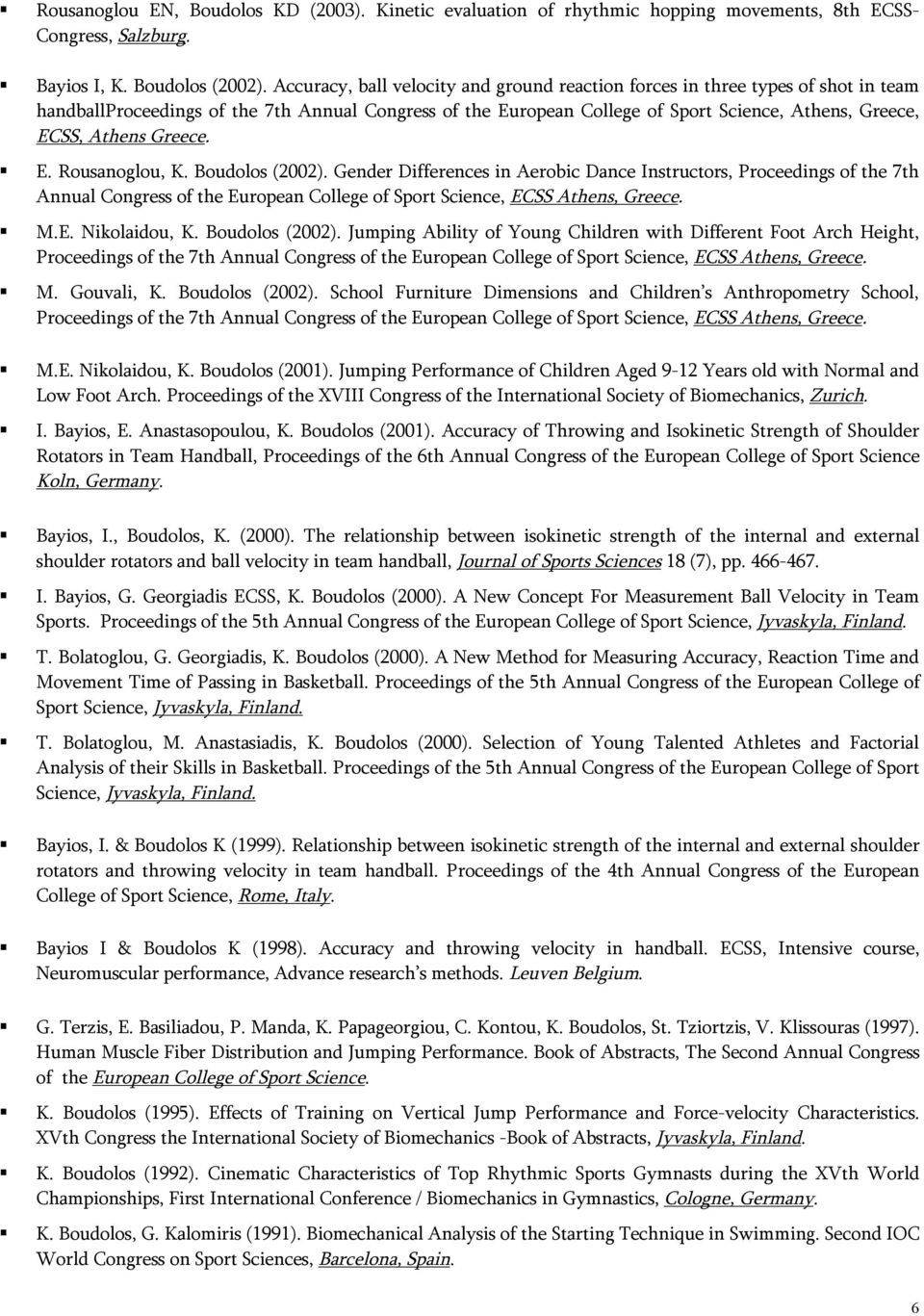 Greece. E. Rousanoglou, K. Boudolos (2002). Gender Differences in Aerobic Dance Instructors, Proceedings of the 7th Annual Congress of the European College of Sport Science, ECSS Athens, Greece. M.E. Nikolaidou, K.