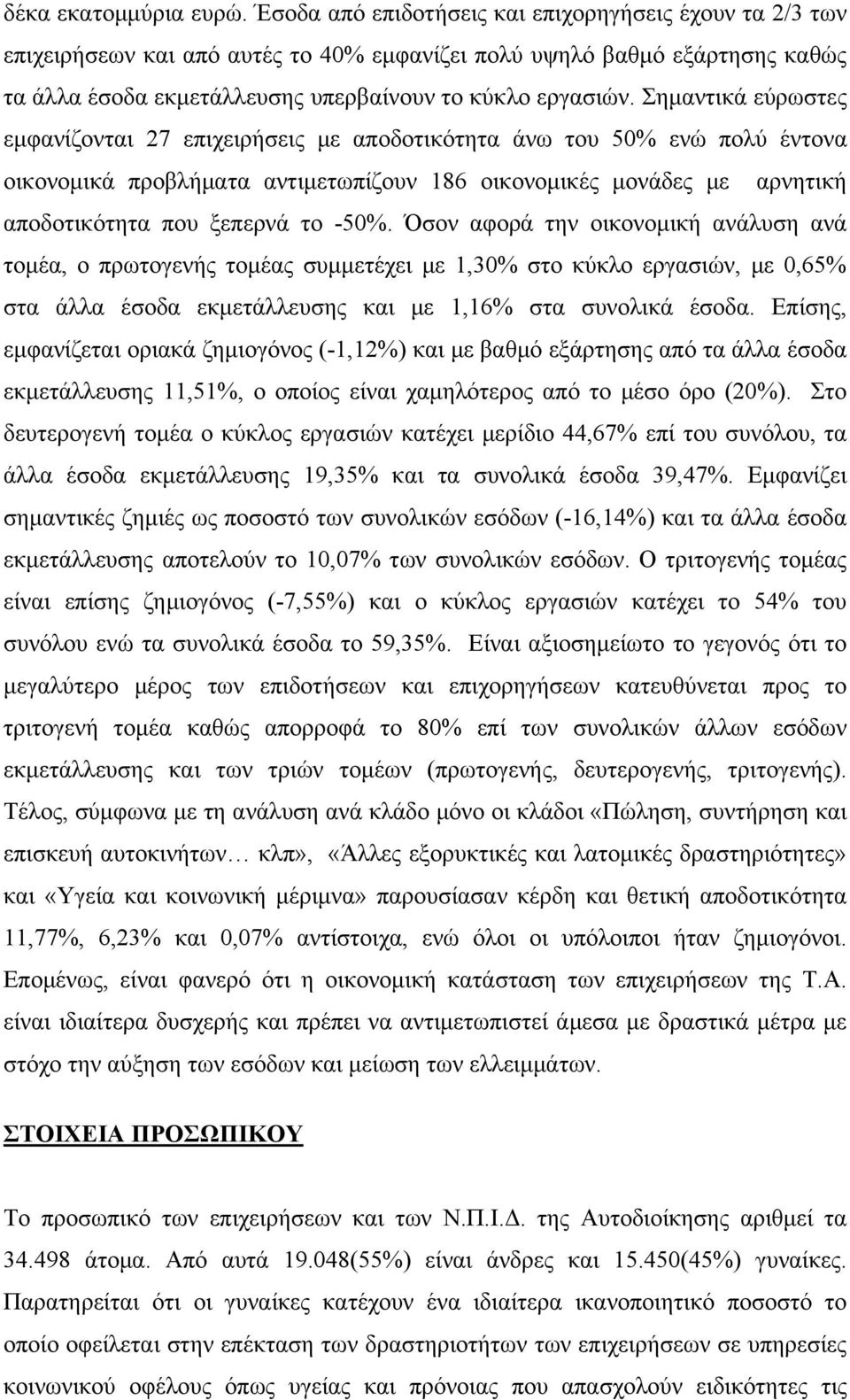 Σημαντικά εύρωστες εμφανίζονται 27 επιχειρήσεις με αποδοτικότητα άνω του 50% ενώ πολύ έντονα οικονομικά προβλήματα αντιμετωπίζουν 186 οικονομικές μονάδες με αρνητική αποδοτικότητα που ξεπερνά το -50%.