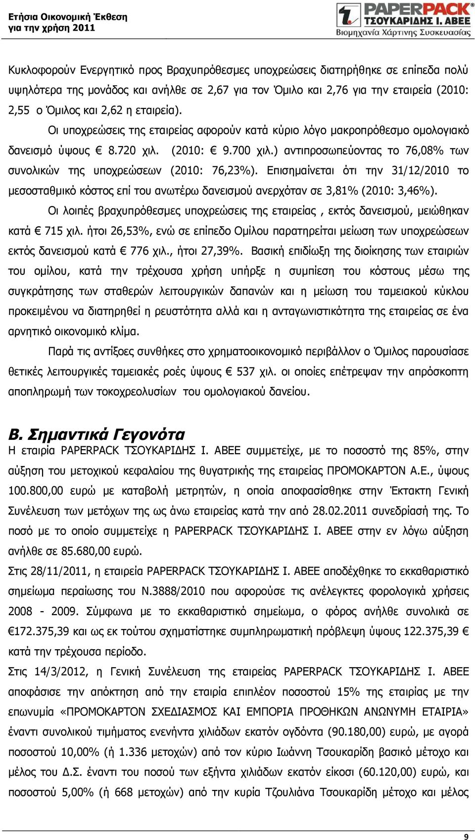 ) αντιπροσωπεύοντας το 76,08% των συνολικών της υποχρεώσεων (2010: 76,23%). Επισημαίνεται ότι την 31/12/2010 το μεσοσταθμικό κόστος επί του ανωτέρω δανεισμού ανερχόταν σε 3,81% (2010: 3,46%).