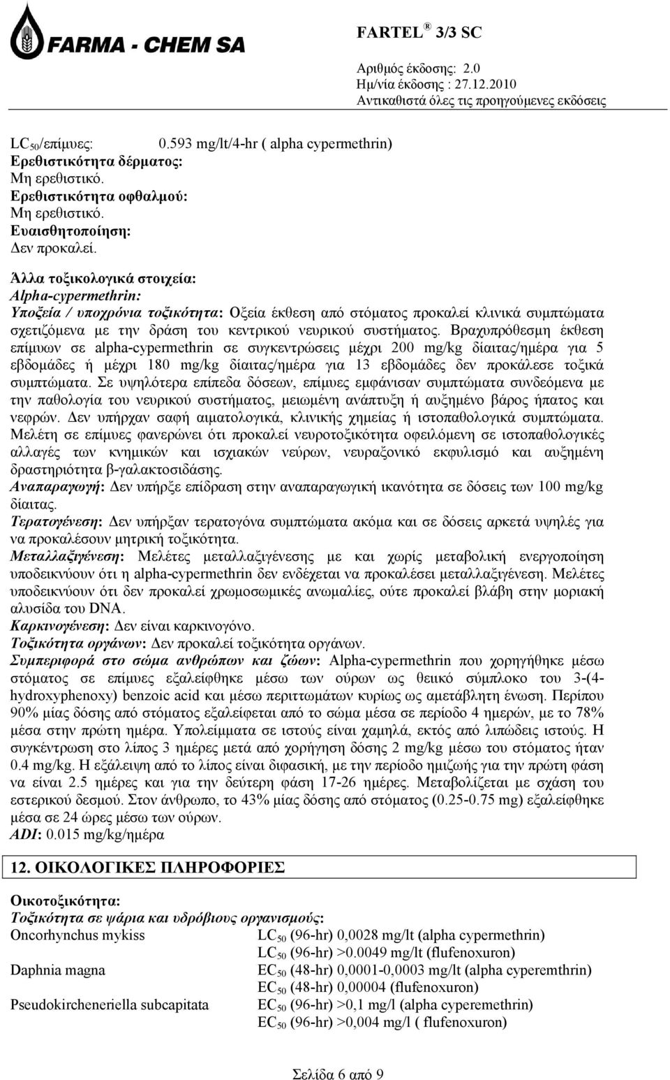 Βραχυπρόθεσμη έκθεση επίμυων σε alpha-cypermethrin σε συγκεντρώσεις μέχρι 200 mg/kg δίαιτας/ημέρα για 5 εβδομάδες ή μέχρι 180 mg/kg δίαιτας/ημέρα για 13 εβδομάδες δεν προκάλεσε τοξικά συμπτώματα.