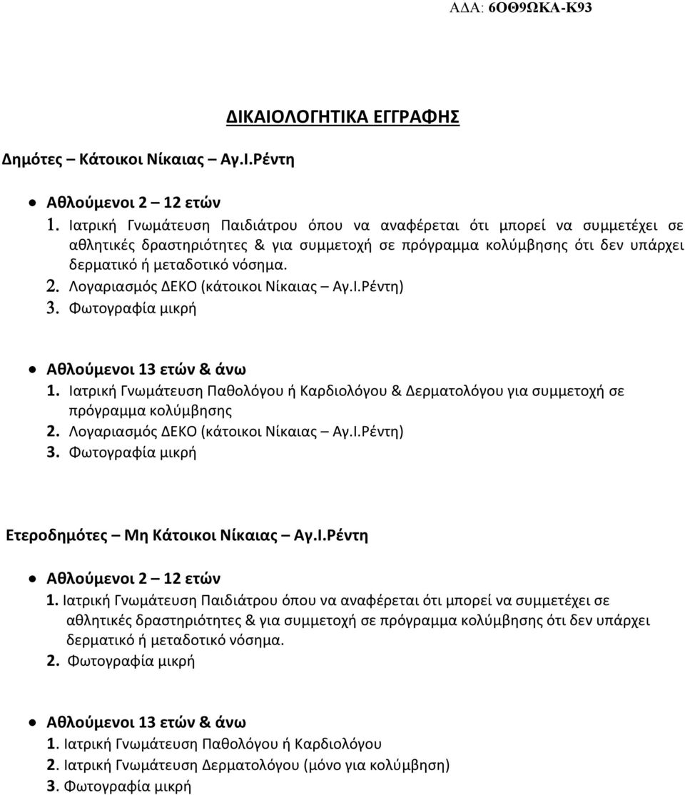 δεν υπάρχει δερματικό ή μεταδοτικό νόσημα. Λογαριασμός ΔΕΚΟ (κάτοικοι Νίκαιας Αγ.Ι.Ρέντη) Φωτογραφία μικρή Αθλούμενοι 13 ετών & άνω 1.