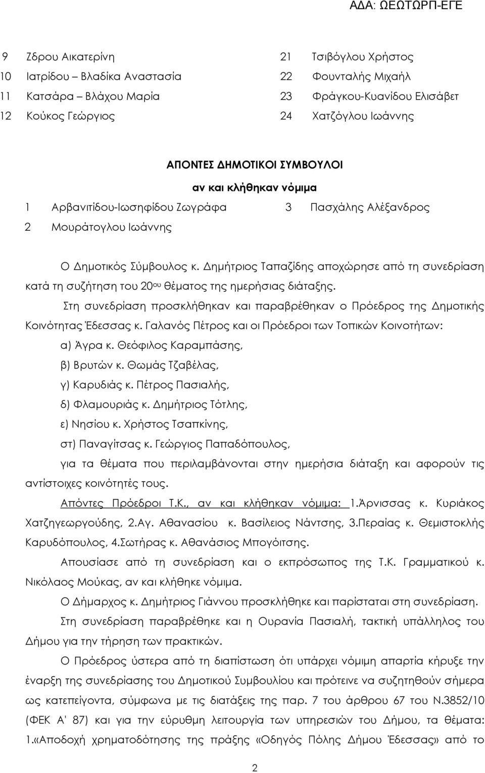 ηµήτριος Ταπαζίδης αποχώρησε από τη συνεδρίαση κατά τη συζήτηση του 20 ου θέµατος της ηµερήσιας διάταξης. Στη συνεδρίαση προσκλήθηκαν και παραβρέθηκαν ο Πρόεδρος της ηµοτικής Κοινότητας Έδεσσας κ.