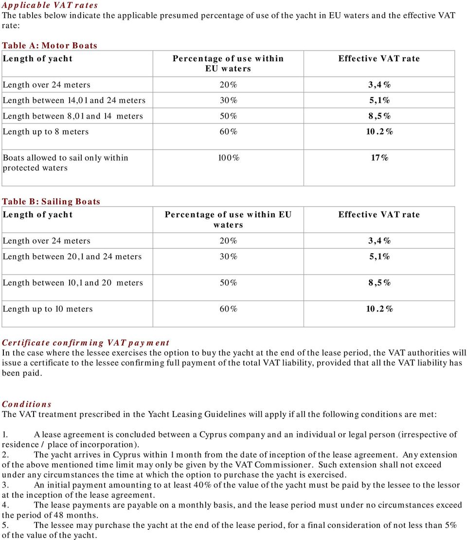 2% Boats allowed to sail only within protected waters 100% 17% Table B: Sailing Boats Length of yacht Percentage of use within EU waters Effective VAT rate Length over 24 meters 20% 3,4% Length