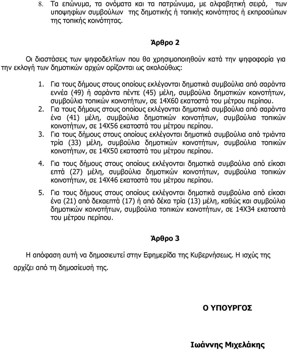 Για τους δήμους στους οποίους εκλέγονται δημοτικά συμβούλια από σαράντα εννέα (49) ή σαράντα πέντε (45) μέλη, συμβούλια δημοτικών κοινοτήτων, συμβούλια τοπικών κοινοτήτων, σε 14Χ60 εκατοστά του