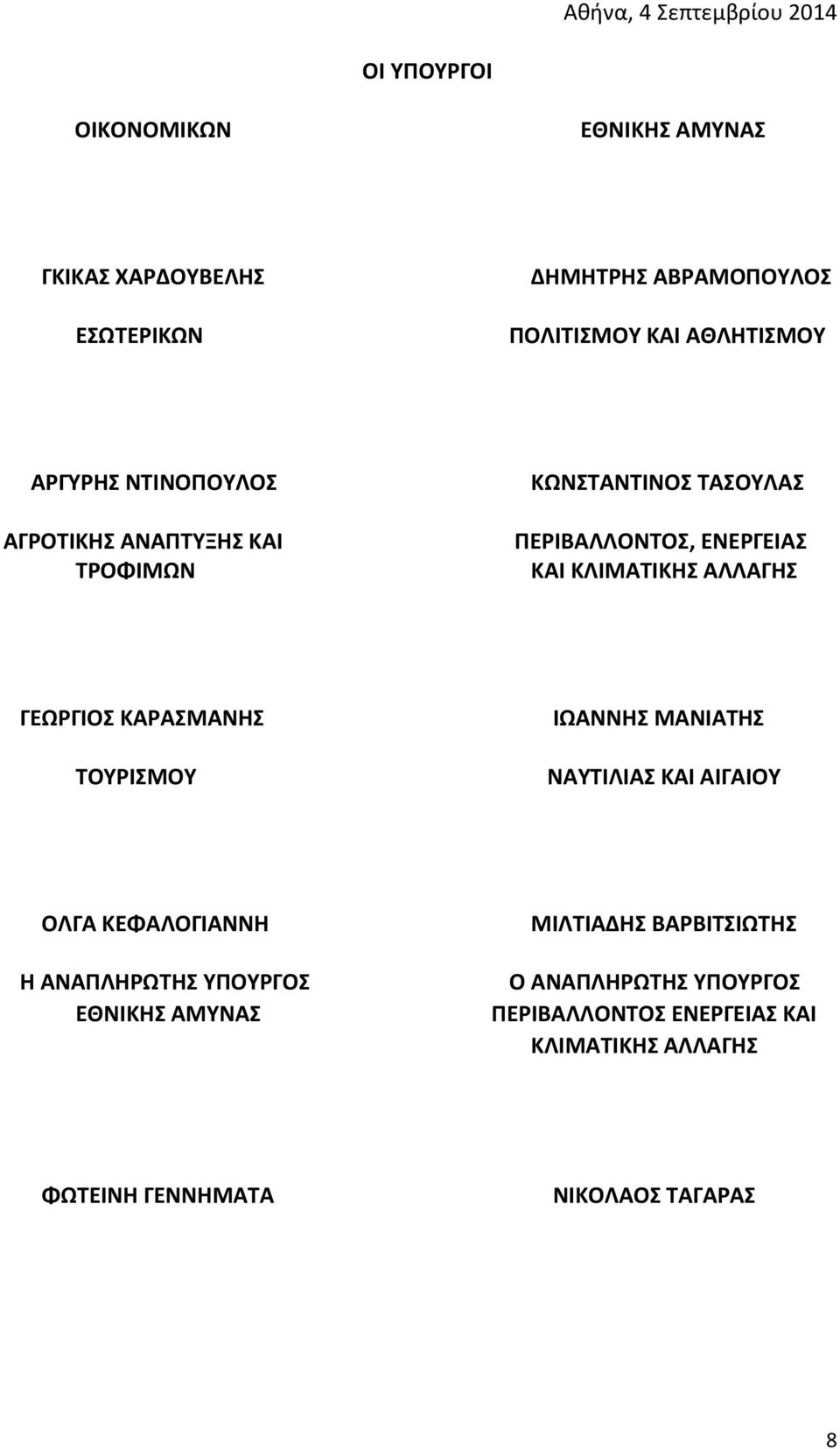 ΑΛΛΑΓΗΣ ΓΕΩΡΓΙΟΣ ΚΑΡΑΣΜΑΝΗΣ ΤΟΥΡΙΣΜΟΥ ΙΩΑΝΝΗΣ ΜΑΝΙΑΤΗΣ ΝΑΥΤΙΛΙΑΣ ΚΑΙ ΑΙΓΑΙΟΥ ΟΛΓΑ ΚΕΦΑΛΟΓΙΑΝΝΗ Η ΑΝΑΠΛΗΡΩΤΗΣ ΥΠΟΥΡΓΟΣ ΕΘΝΙΚΗΣ