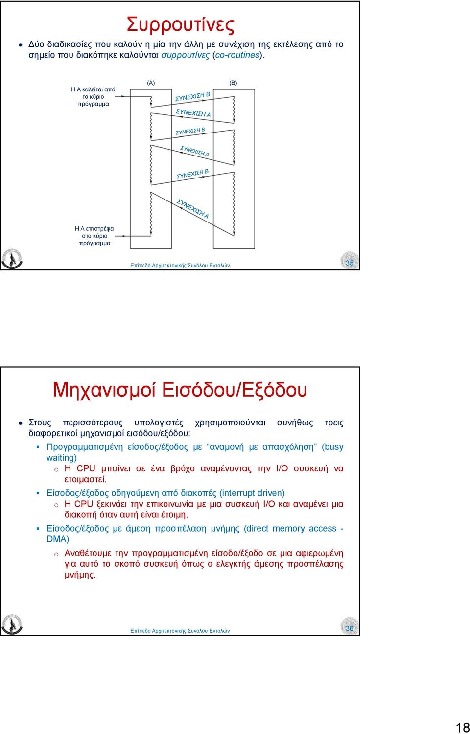 αναµονή µε απασχόληση (busy waiting) o Η CPU µπαίνει σε ένα βρόχο αναµένοντας την Ι/Ο συσκευή να ετοιµαστεί Είσοδος/έξοδος οδηγούµενη από διακοπές (interrupt driven) o Η CPU ξεκινάει την επικοινωνία