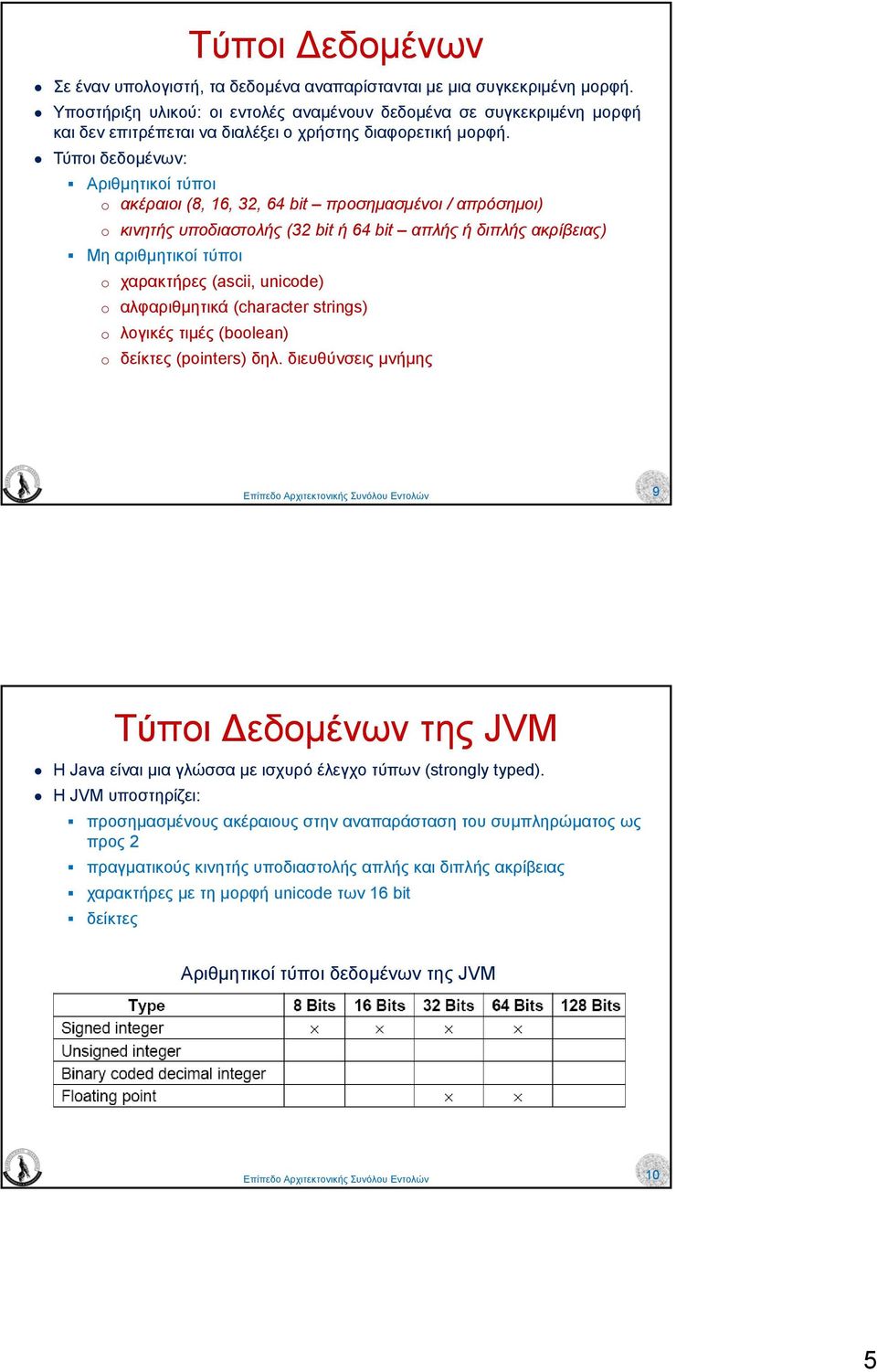 τύποι o χαρακτήρες (ascii, unicode) o αλφαριθµητικά (character strings) o λογικές τιµές (boolean) o δείκτες (pointers) δηλ διευθύνσεις µνήµης 9 Τύποι εδοµένων της JVM Η Java είναι µια γλώσσα µε