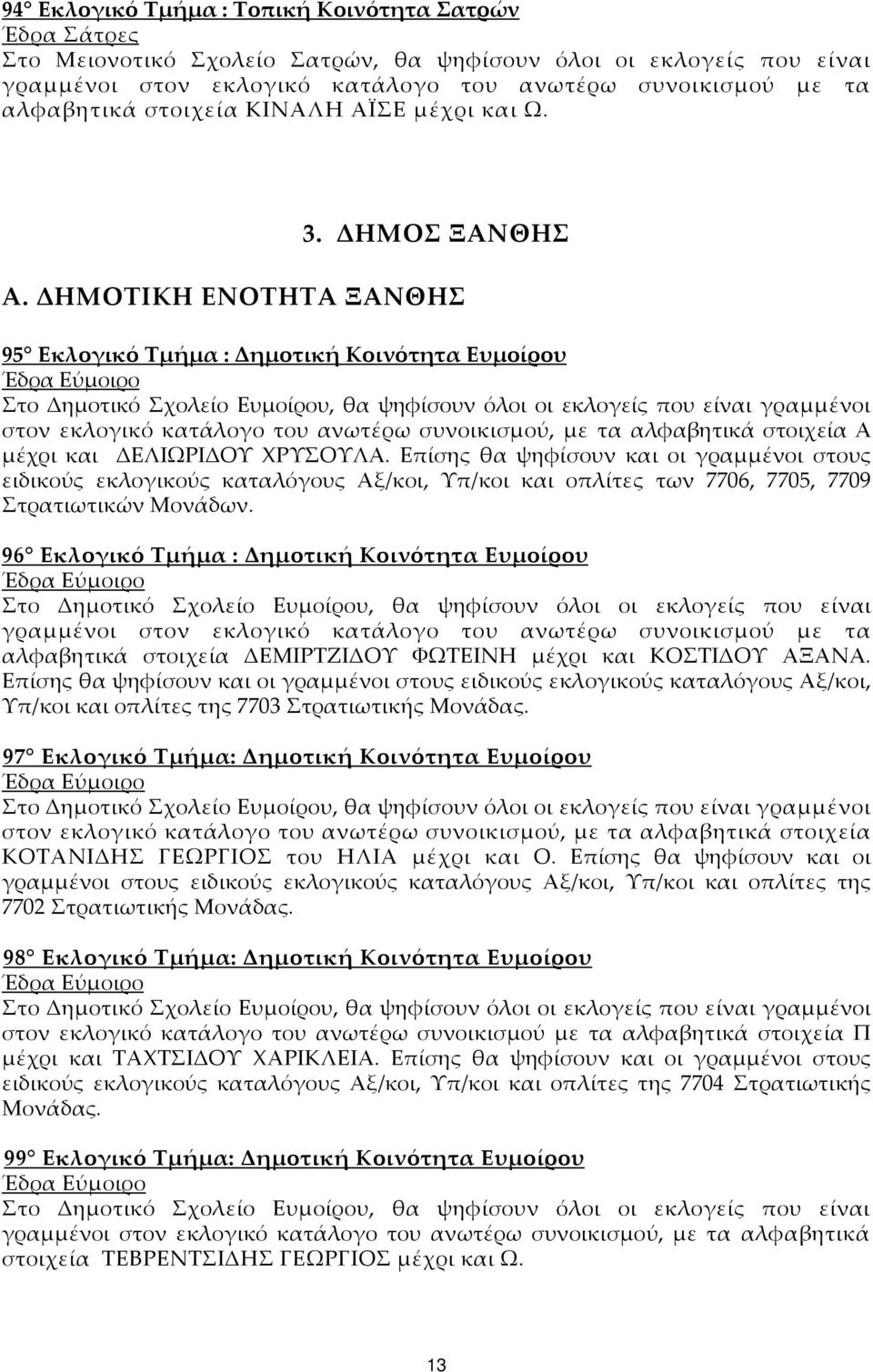 ΔΗΜΟΤΙΚΗ ΕΝΟΤΗΤΑ ΞΑΝΘΗΣ 95 Εκλογικό Τμήμα : Δημοτική Κοινότητα Ευμοίρου Έδρα Εύμοιρο Στο Δημοτικό Σχολείο Ευμοίρου, θα ψηφίσουν όλοι οι εκλογείς που είναι γραμμένοι στον εκλογικό κατάλογο του ανωτέρω