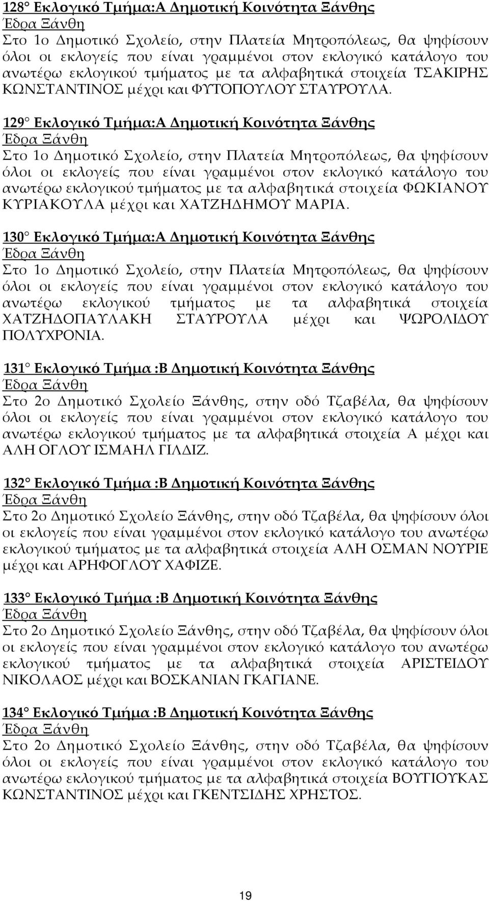 129 Εκλογικό Τμήμα:Α Δημοτική Κοινότητα Ξάνθης Στο 1ο Δημοτικό Σχολείο, στην Πλατεία Μητροπόλεως, θα ψηφίσουν ανωτέρω εκλογικού τμήματος με τα αλφαβητικά στοιχεία ΦΩΚΙΑΝΟΥ ΚΥΡΙΑΚΟΥΛΑ μέχρι και