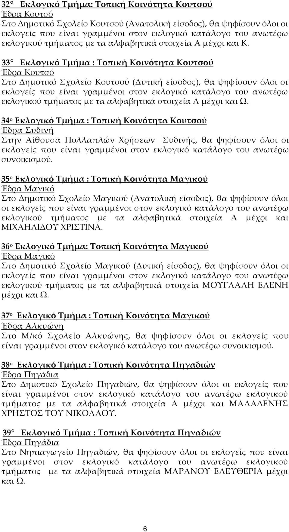 34 ο Εκλογικό Τμήμα : Τοπική Κοινότητα Κουτσού Έδρα Συδινή Στην Αίθουσα Πολλαπλών Χρήσεων Συδινής, θα ψηφίσουν όλοι οι συνοικισμού.