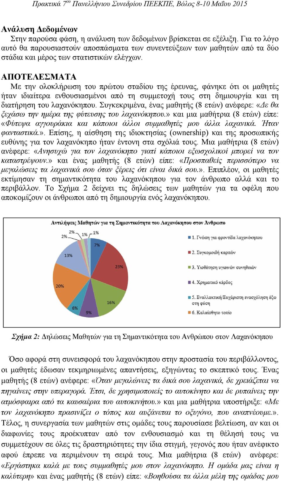 ΑΠΟΤΕΛΕΣΜΑΤΑ Με την ολοκλήρωση του πρώτου σταδίου της έρευνας, φάνηκε ότι οι μαθητές ήταν ιδιαίτερα ενθουσιασμένοι από τη συμμετοχή τους στη δημιουργία και τη διατήρηση του λαχανόκηπου.