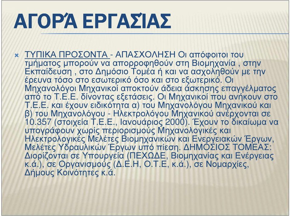 357 (στοιχεία Τ.Ε.Ε., Ιανουάριος 2000). Έχουν το δικαίωµα να υπογράφουν χωρίς περιορισµούς Μηχανολογικές και ΗλεκτρολογικέςΜελέτεςΒιοµηχανικώνκαιΕνεργειακώνΈργων, ΜελέτεςΥδραυλικώνΈργωνυπόπίεση.