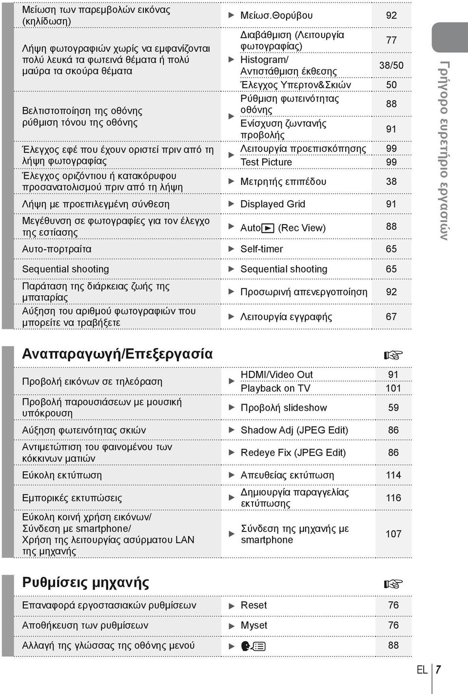 Θορύβου 92 Διαβάθμιση (Λειτουργία φωτογραφίας) 77 Histogram/ Αντιστάθμιση έκθεσης 38/50 Έλεγχος Υπερτον&Σκιών 50 Ρύθμιση φωτεινότητας οθόνης 88 Ενίσχυση ζωντανής προβολής 91 Λειτουργία προεπισκόπησης