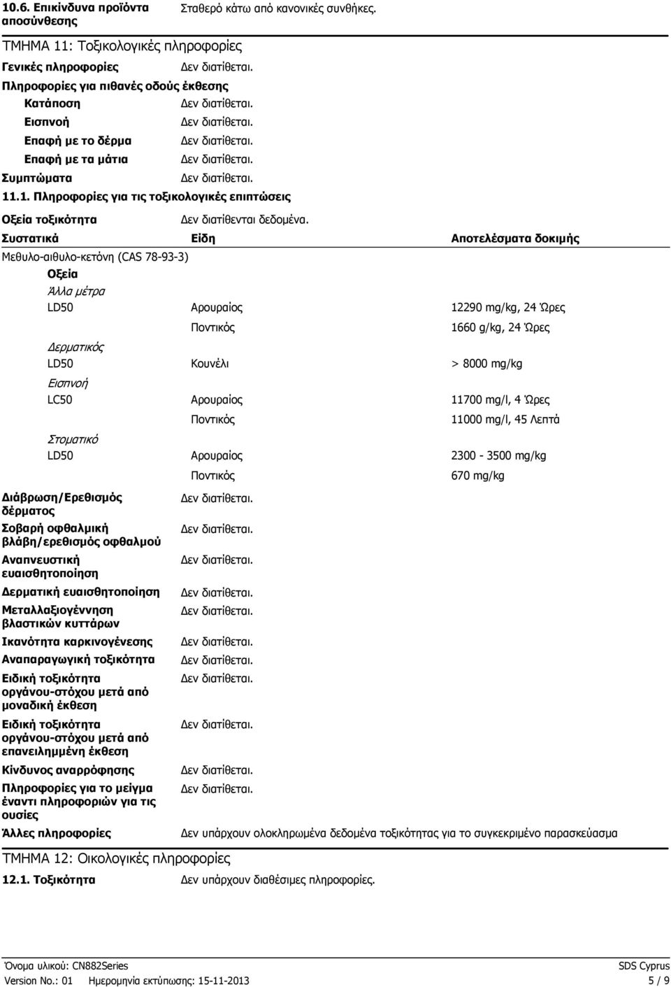 Συστατικά Είδη Μεθυλοαιθυλοκετόνη (CAS 78933) Οξεία Άλλα µέτρα LD50 Αρουραίος Ποντικός Αποτελέσµατα δοκιµής 12290 mg/kg, 24 Ώρες 1660 g/kg, 24 Ώρες ερµατικός LD50 Εισπνοή LC50 Στοµατικό LD50 Κουνέλι