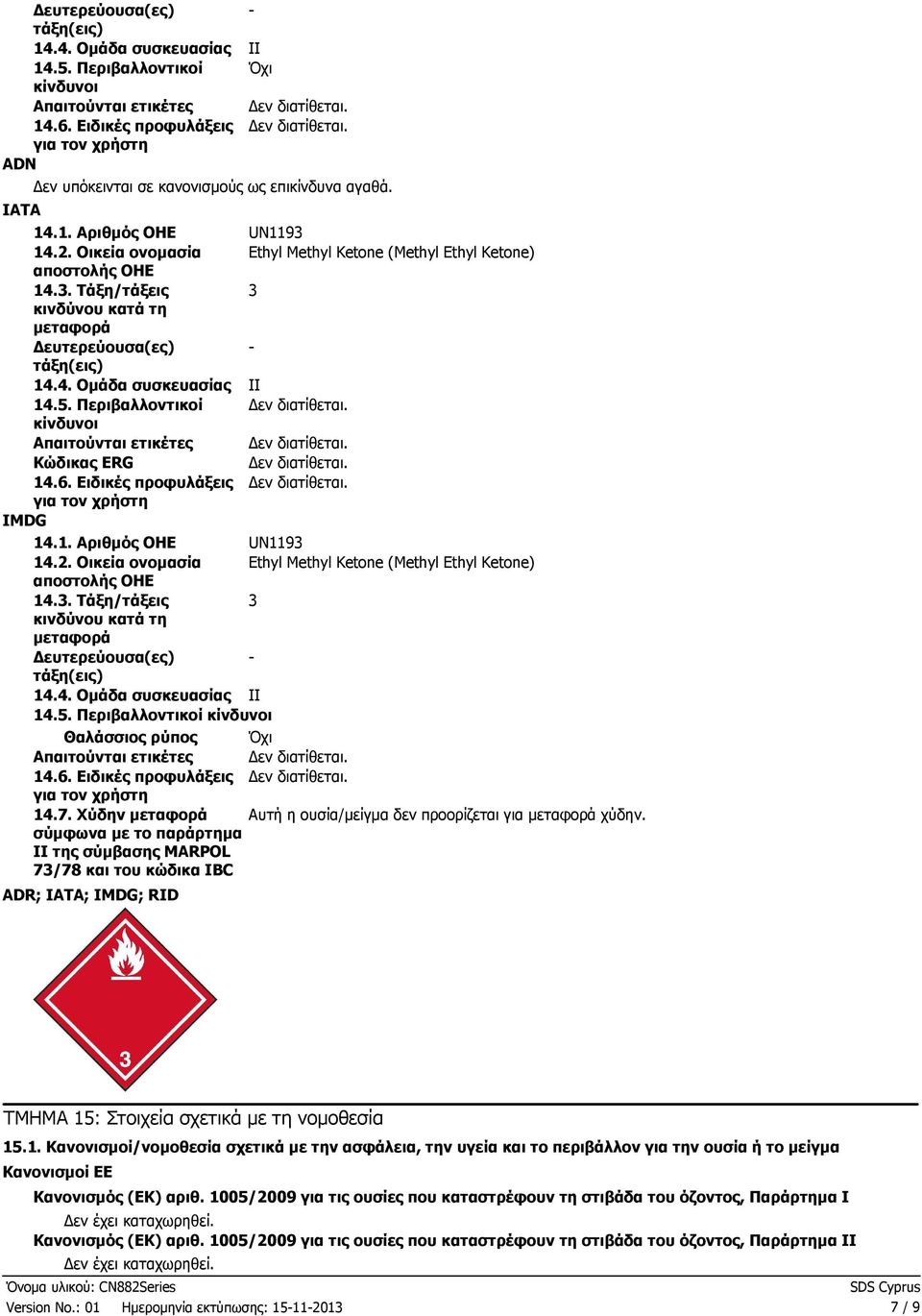 3. Τάξη/τάξεις 3 κινδύνου κατά τη µεταφορά ευτερεύουσα(ες) τάξη(εις) 14.4. Οµάδα συσκευασίας II 14.5. Περιβαλλοντικοί κίνδυνοι Απαιτούνται ετικέτες Κώδικας ERG 14.6.