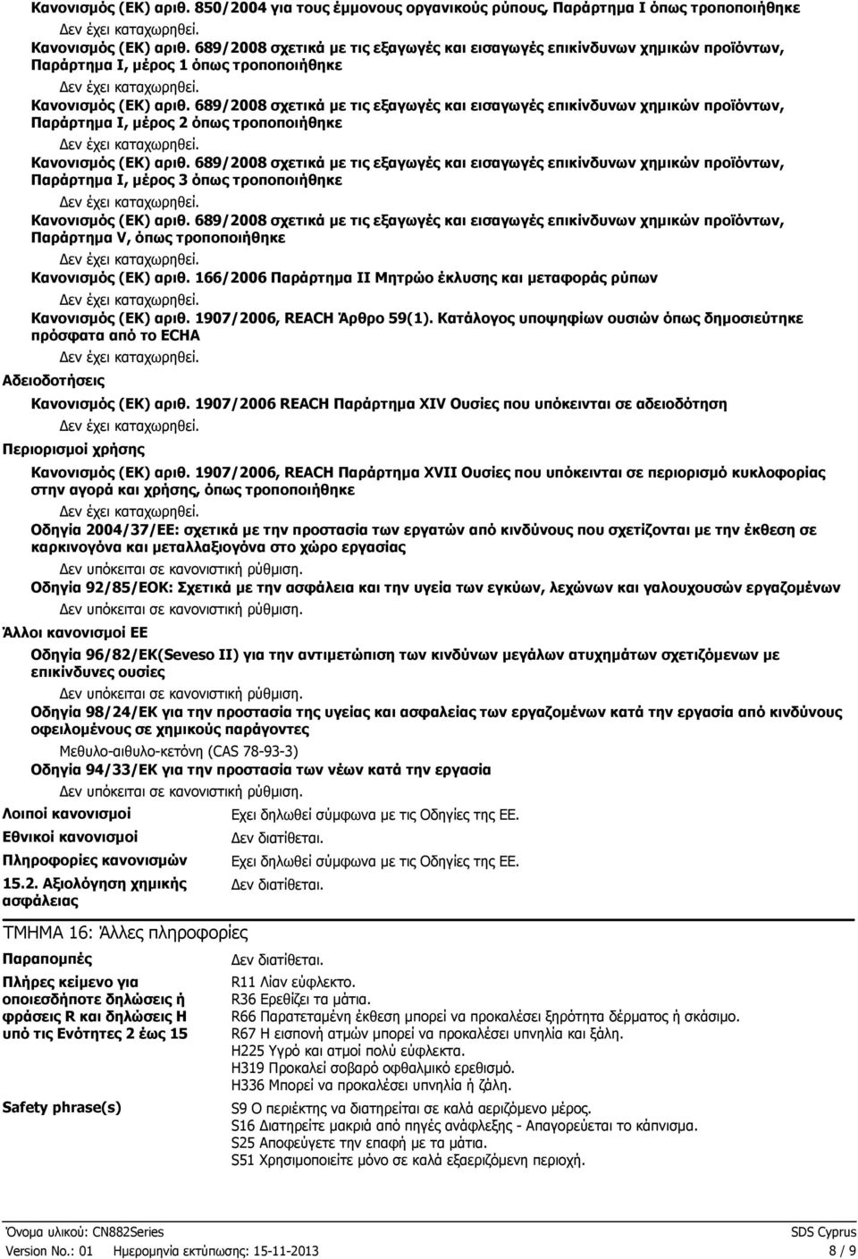 689/2008 σχετικά µε τις εξαγωγές και εισαγωγές επικίνδυνων χηµικών προϊόντων, Παράρτηµα I, µέρος 2 όπως τροποποιήθηκε Κανονισµός (ΕΚ) αριθ.