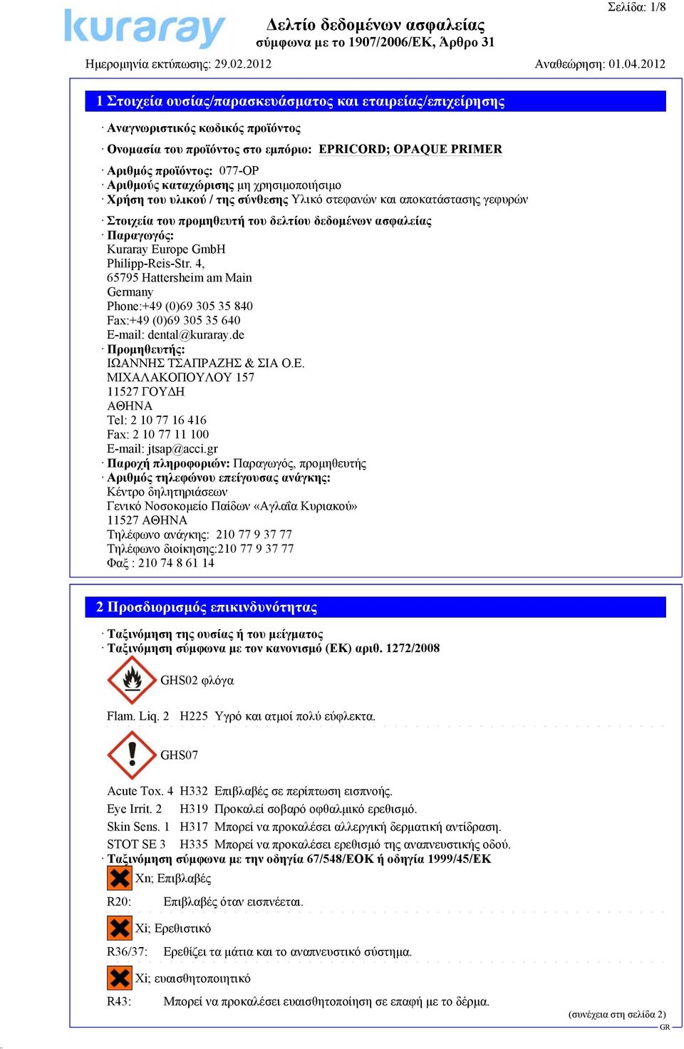 4, 65795 Hattersheim am Main Germany Phone:+49 (0)69 305 35 840 Fax:+49 (0)69 305 35 640 E-mail: dental@kuraray.de Προμηθευτής: ΙΩΑΝΝΗΣ ΤΣΑΠΡΑΖΗΣ & ΣΙΑ Ο.Ε.