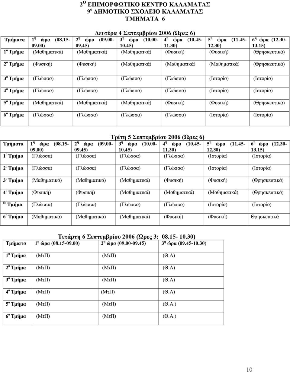 (Ιστορία) 5 ο Τµήµα (Μαθηµατικά) (Μαθηµατικά) (Μαθηµατικά) (Φυσική) (Φυσική) (Θρησκευτικά) 6 ο Τµήµα (Γλώσσα) (Γλώσσα) (Γλώσσα) (Γλώσσα) (Ιστορία) (Ιστορία) Τρίτη 5 Σεπτεµβρίου 2006 (Ώρες 6) 1 ο