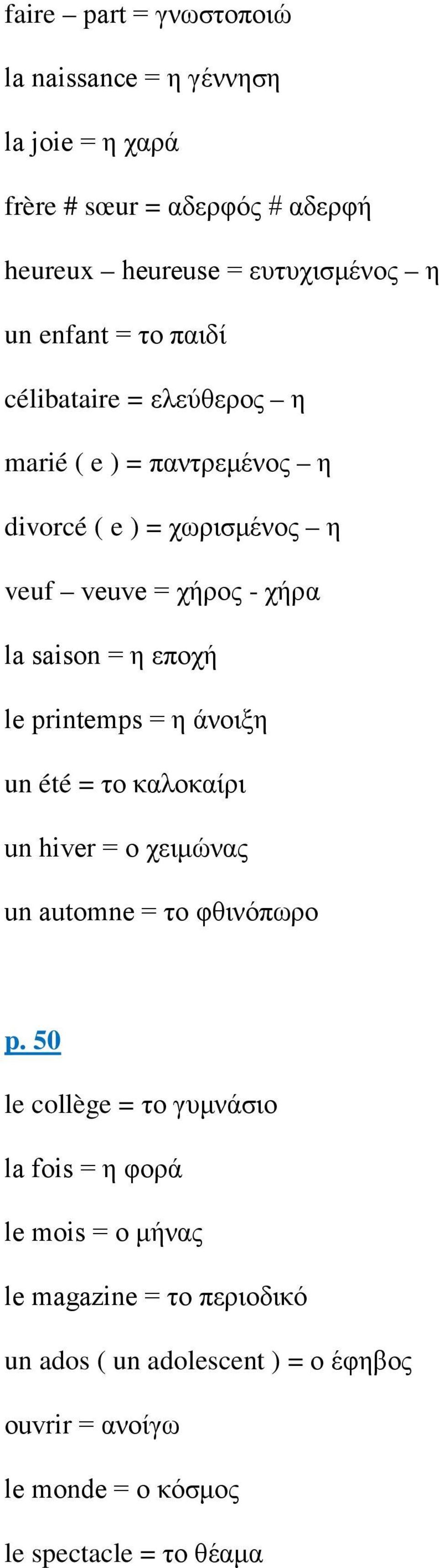 le printemps = η άνοιξη un été = το καλοκαίρι un hiver = ο χειμώνας un automne = το φθινόπωρο p.