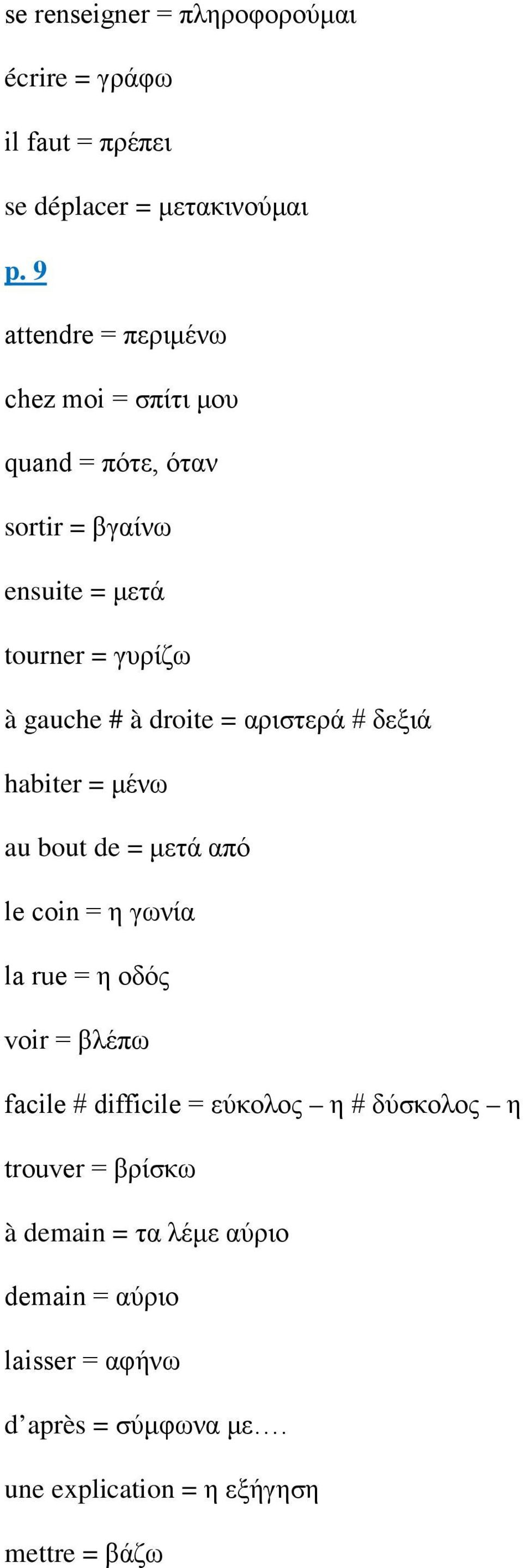 droite = αριστερά # δεξιά habiter = μένω au bout de = μετά από le coin = η γωνία la rue = η οδός voir = βλέπω facile #