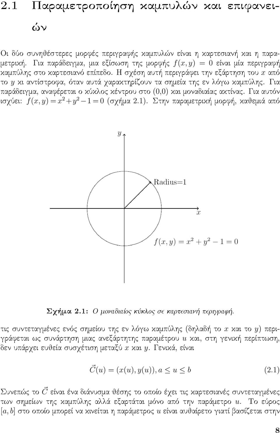 Η σχέση αυτή περιγράϕει την εξάρτηση του x από το y κι αντίστροϕα, όταν αυτά χαρακτηρίζουν τα σημεία της εν λόγω καμπύλης. Για παράδειγμα, αναϕέρεται ο κύκλος κέντρου στο (0,0) και μοναδιαίας ακτίνας.