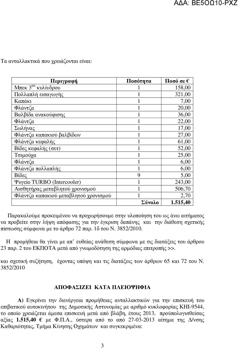 1 243,00 Αισθητήρας µεταβλητού χρονισµού 1 506,70 Φλάντζα καπακιού µεταβλητού χρονισµού 1 2,70 Σύνολο 1.