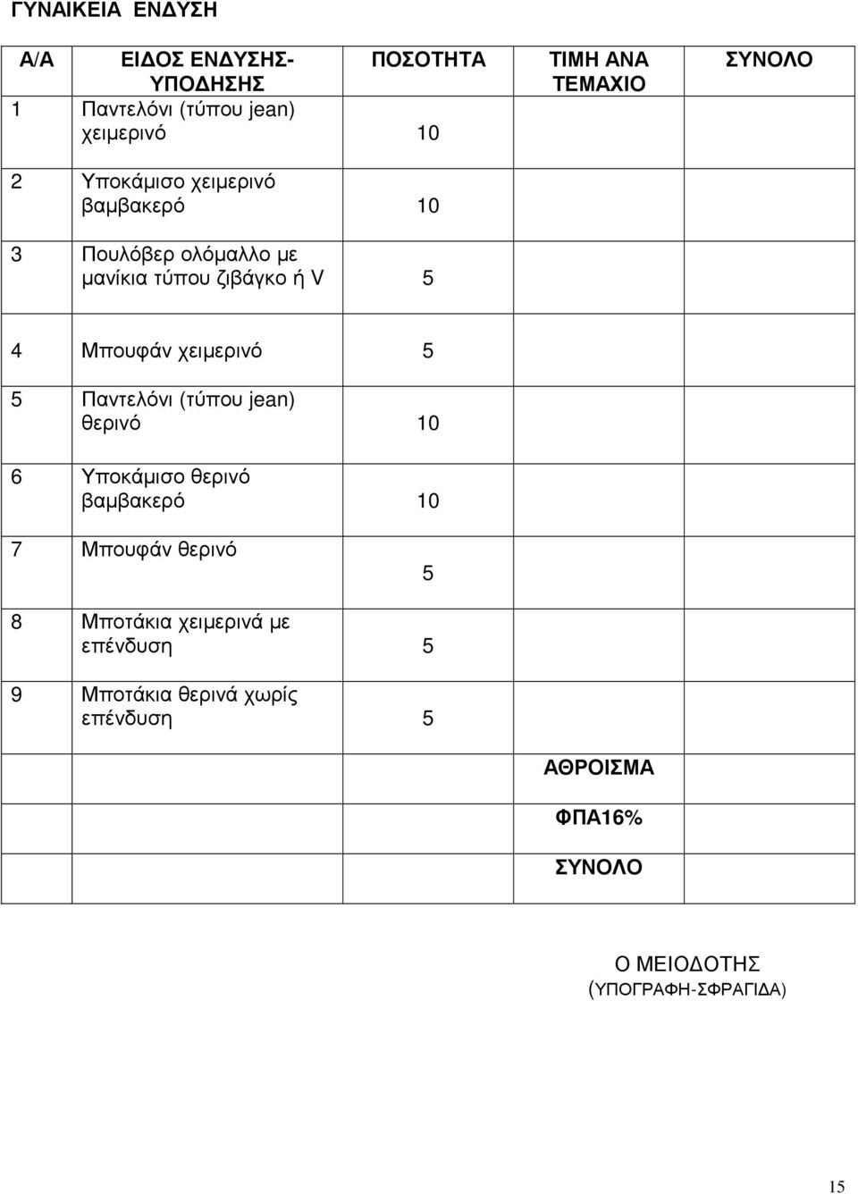 χειµερινό 5 5 Παντελόνι (τύπου jean) θερινό 10 6 Υποκάµισο θερινό βαµβακερό 10 7 Μπουφάν θερινό 5 8 Μποτάκια