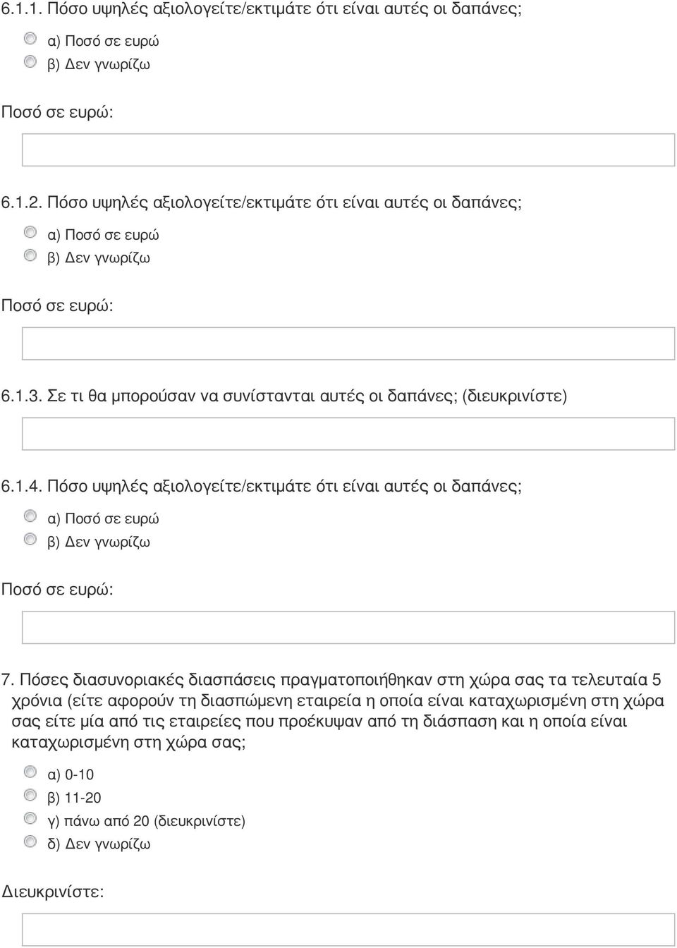 Πόσο υψηλές αξιολογείτε/εκτιμάτε ότι είναι αυτές οι δαπάνες; α) Ποσό σε ευρώ β) Δεν γνωρίζω 7.