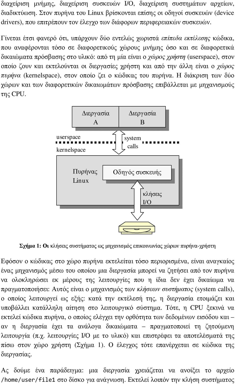 Γίνεται έτσι φανερό ότι, υπάρχουν δύο εντελώς χωριστά επίπεδα εκτέλεσης κώδικα, που αναφέρονται τόσο σε διαφορετικούς χώρους µνήµης όσο και σε διαφορετικά δικαιώµατα πρόσβασης στο υλικό: από τη µία