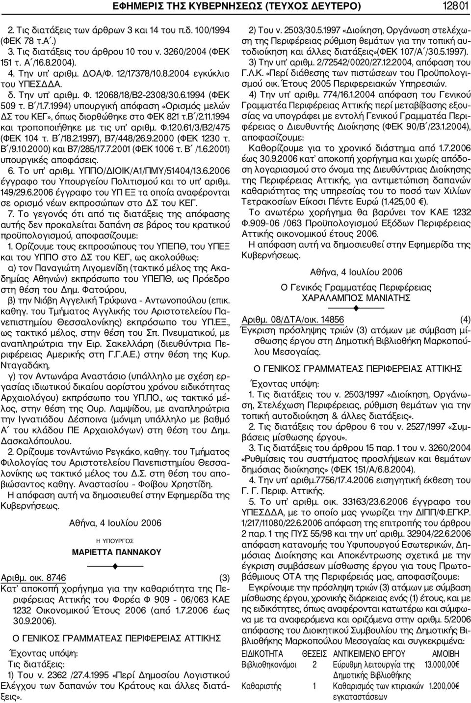 β /2.11.1994 και τροποποιήθηκε με τις υπ αριθμ. Φ.120.61/3/Β2/475 (ΦΕΚ 104 τ. Β /18.2.1997), Β7/448/26.9.2000 (ΦΕΚ 1230 τ. Β /9.10.2000) και Β7/285/17.7.2001 (ΦΕΚ 1006 τ. Β /1.6.2001) υπουργικές αποφάσεις.