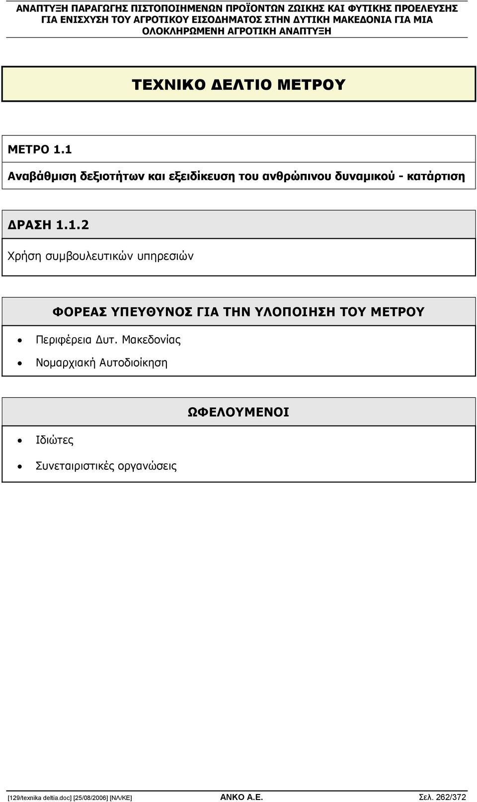 Χρήση συµβουλευτικών υπηρεσιών ΦΟΡΕΑΣ ΥΠΕΥΘΥΝΟΣ ΓΙΑ ΤΗΝ ΥΛΟΠΟΙΗΣΗ ΤΟΥ ΜΕΤΡΟΥ Περιφέρεια