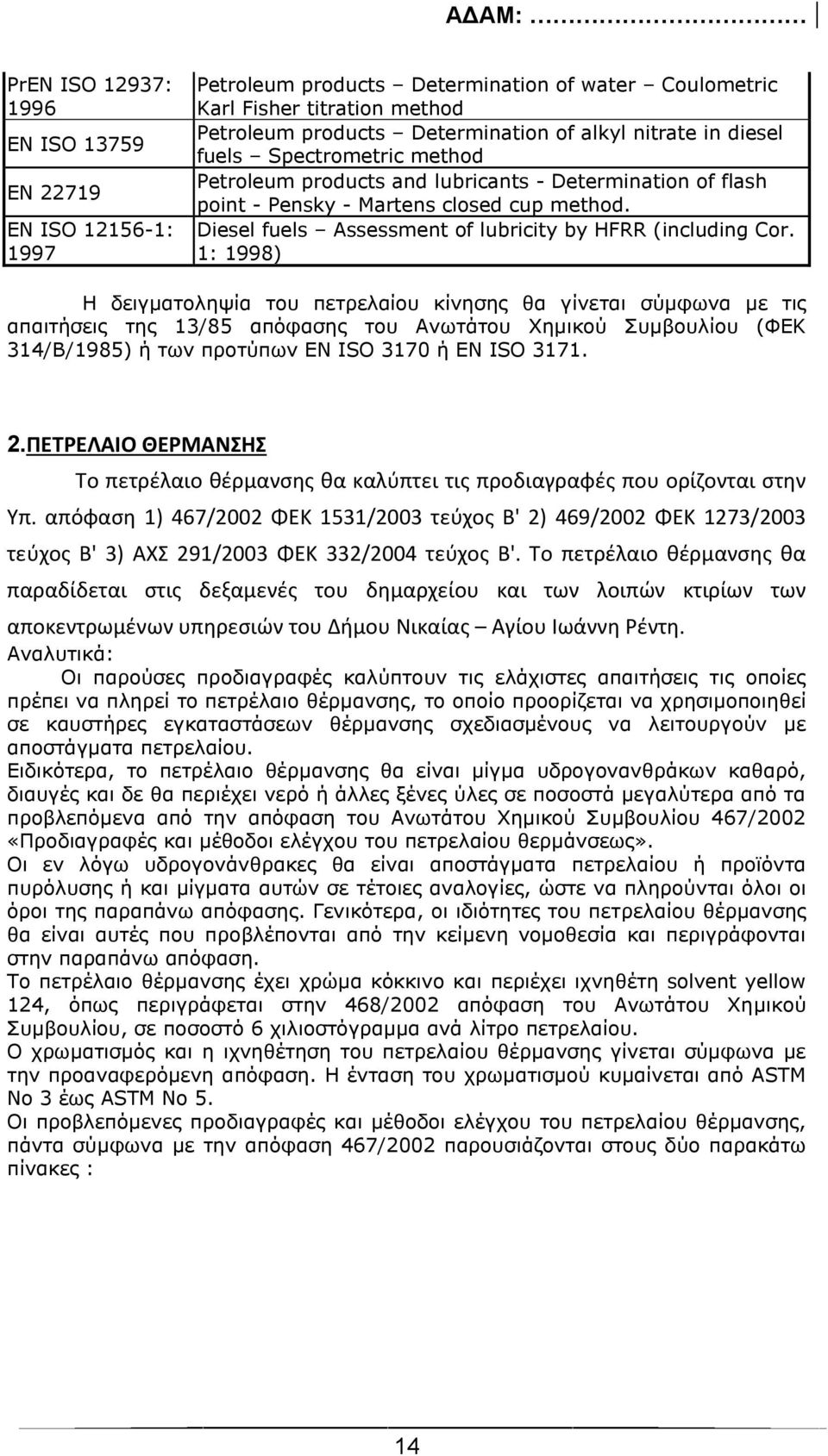 1: 1998) Η δειγματοληψία του πετρελαίου κίνησης θα γίνεται σύμφωνα με τις απαιτήσεις της 13/85 απόφασης του Ανωτάτου Χημικού Συμβουλίου (ΦΕΚ 314/Β/1985) ή των προτύπων EN ISO 3170 ή EN ISO 3171. 2.