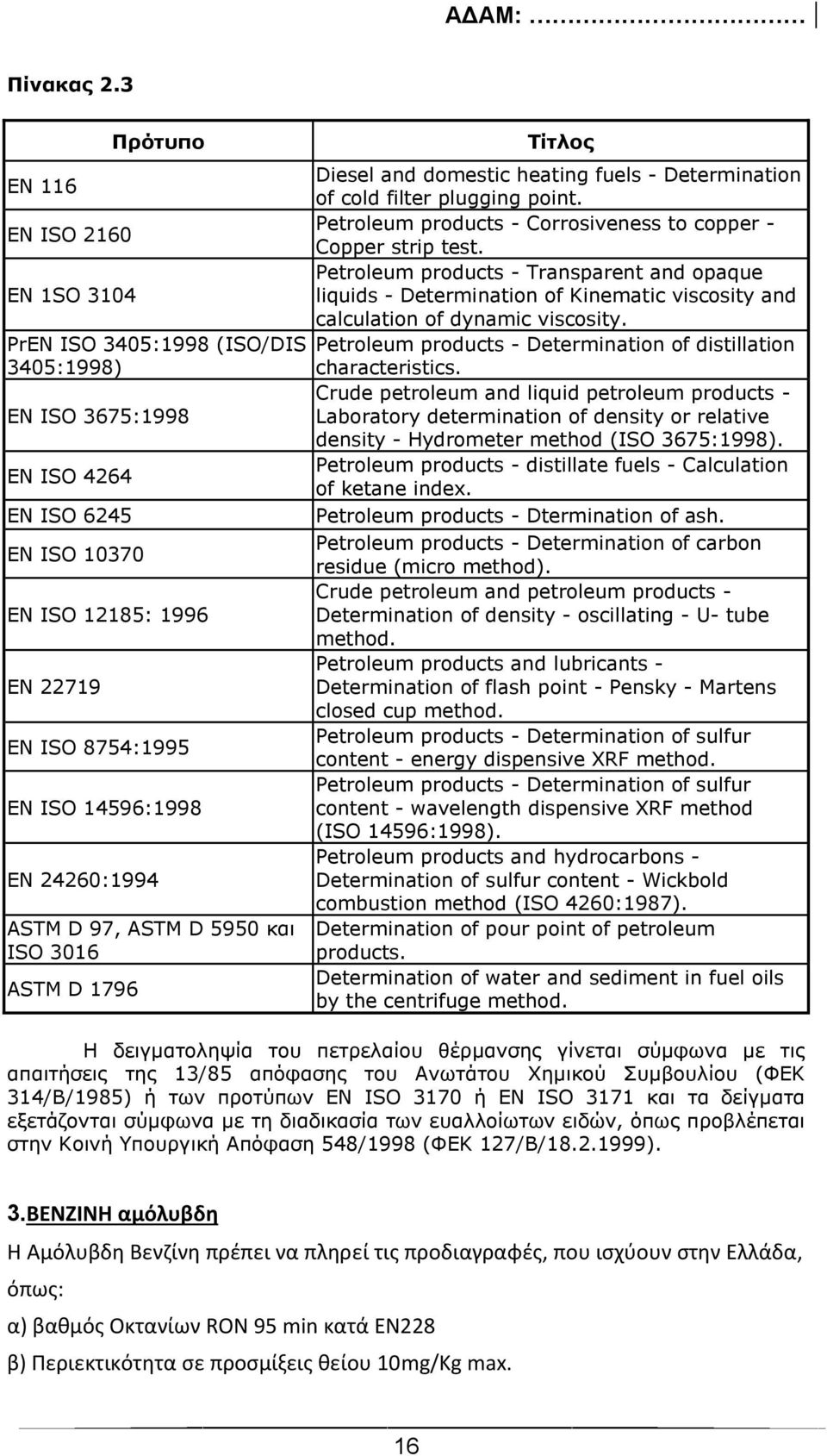 24260:1994 ASTM D 97, ASTM D 5950 και ISO 3016 ASTM D 1796 Τίτλος Diesel and domestic heating fuels - Determination of cold filter plugging point.