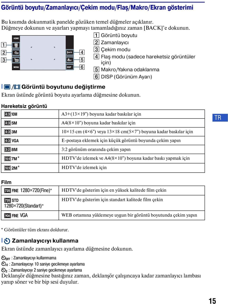 1 Görüntü boyutu 2 Zamanlayıcı 3 Çekim modu 4 Flaş modu (sadece hareketsiz görüntüler için) 5 Makro/Yakına odaklanma 6 DISP (Görünüm Ayarı) [ / Görüntü boyutunu değiştirme Ekran üstünde görüntü